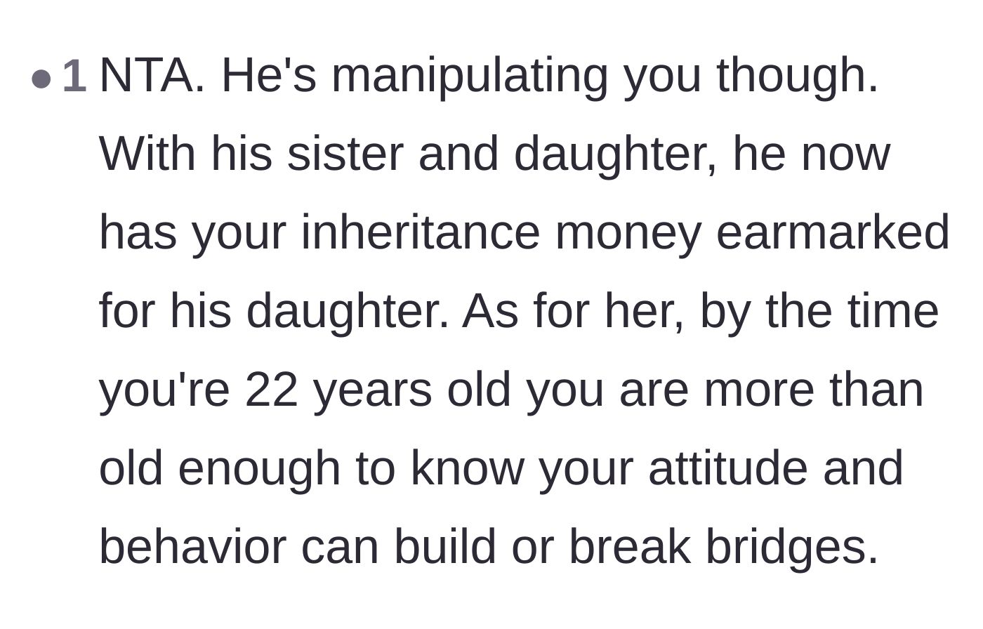 Comment thread 3 - A reader points out that the husband is using his sister and daughter to manipulate the stepmother into paying.
