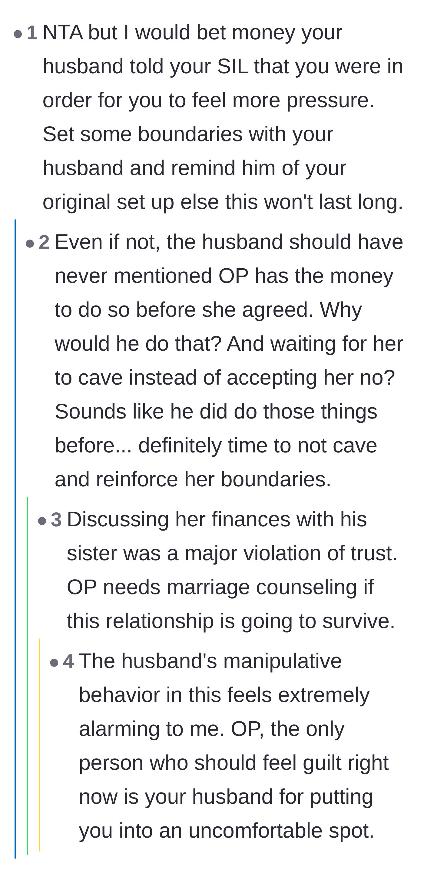 Comment thread 4 - A discussion on how the husband likely leaked the private financial conversation to his sister intentionally to trap his wife.