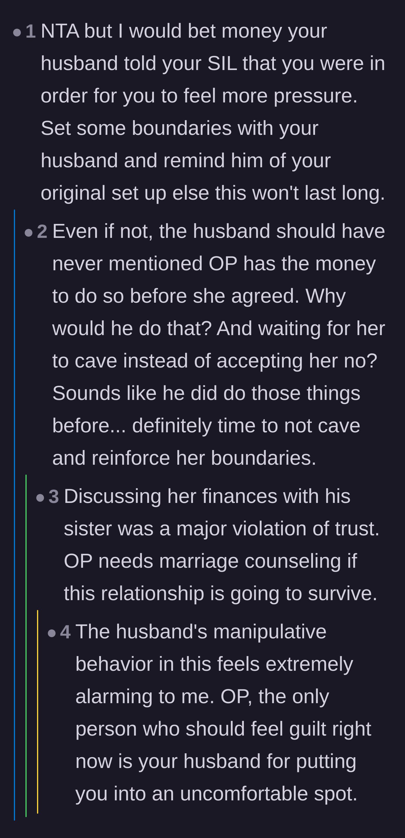 Comment thread 4 - A discussion on how the husband likely leaked the private financial conversation to his sister intentionally to trap his wife.