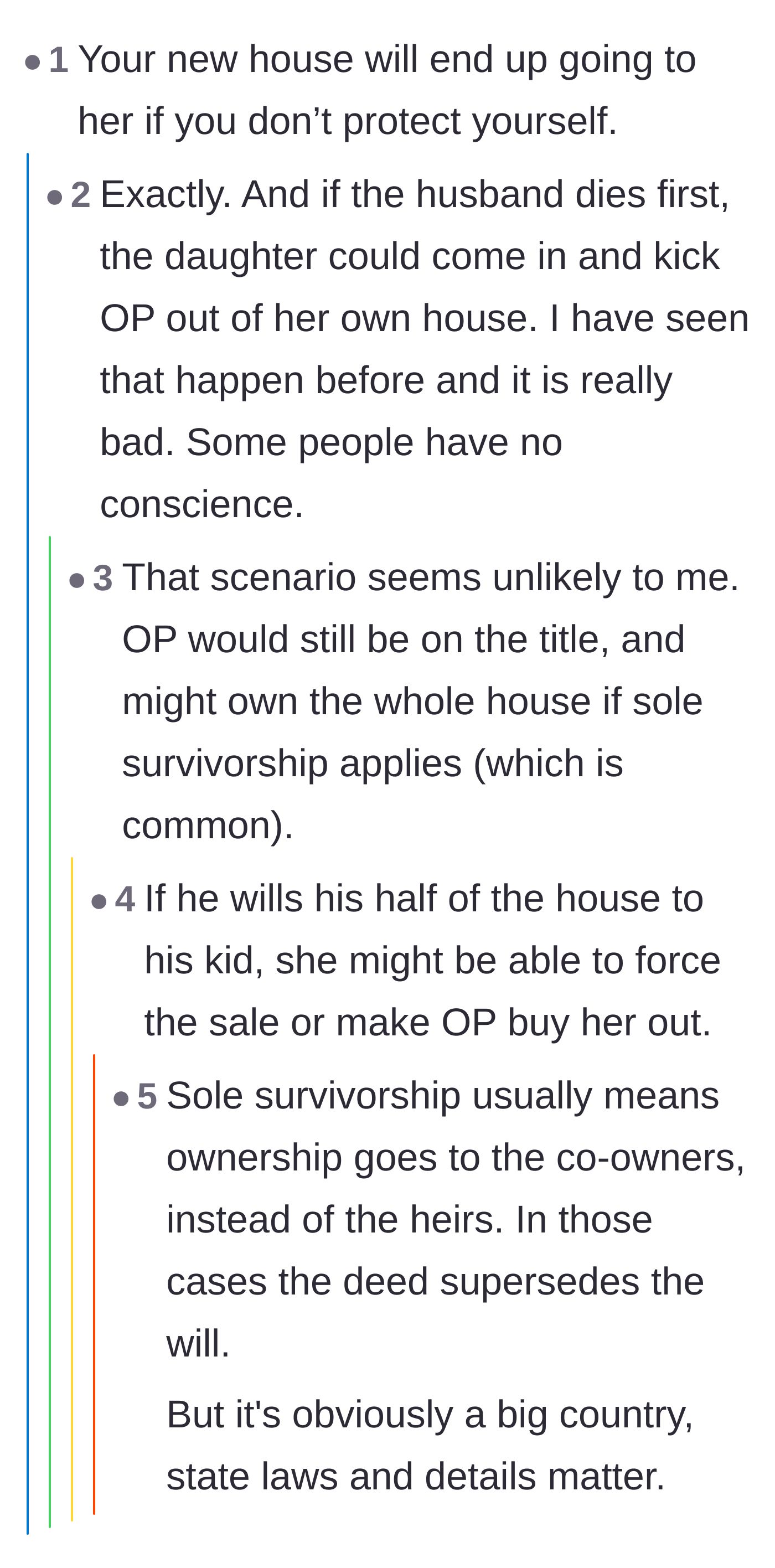 Comment thread 5 - A debate over property laws, warning that the entitled stepdaughter might try to claim the future house if the husband passes away.