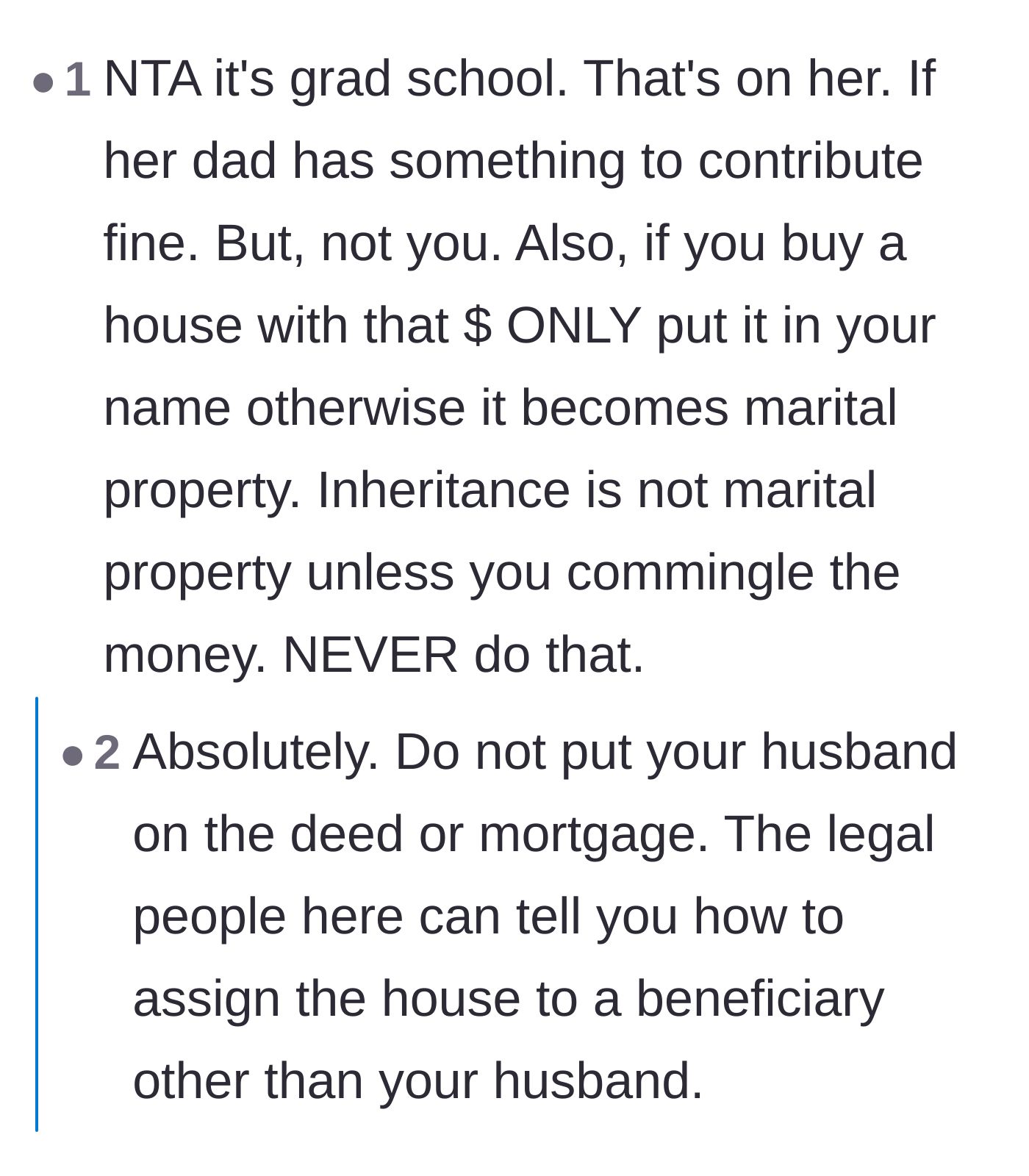 Comment thread 6 - Final reminders that grad school is a luxury for adults to fund themselves and that inheritance should never be commingled.