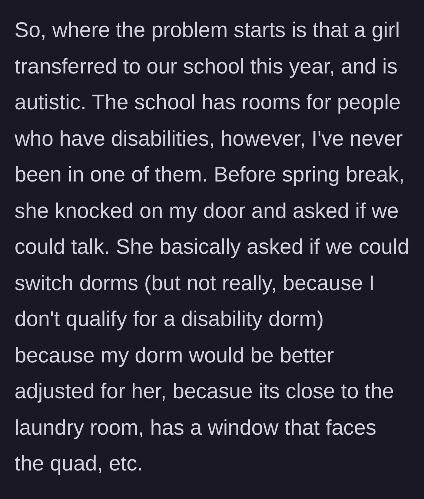 Story part 3 - The new transfer student approaches the main character and boldly asks to take over her room.