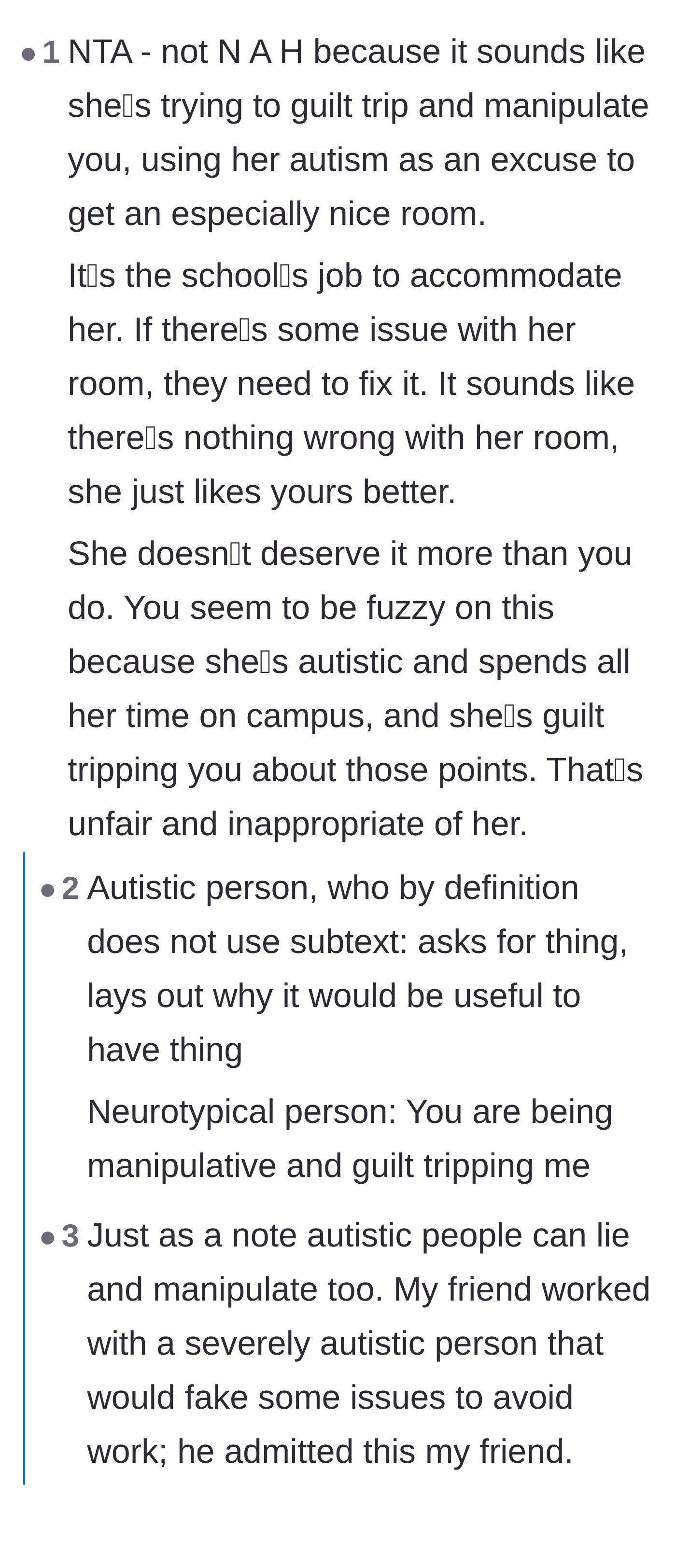 Comment thread 1 - A debate about whether the request was a deliberate guilt trip or just a literal, neurodivergent way of asking for a favor.