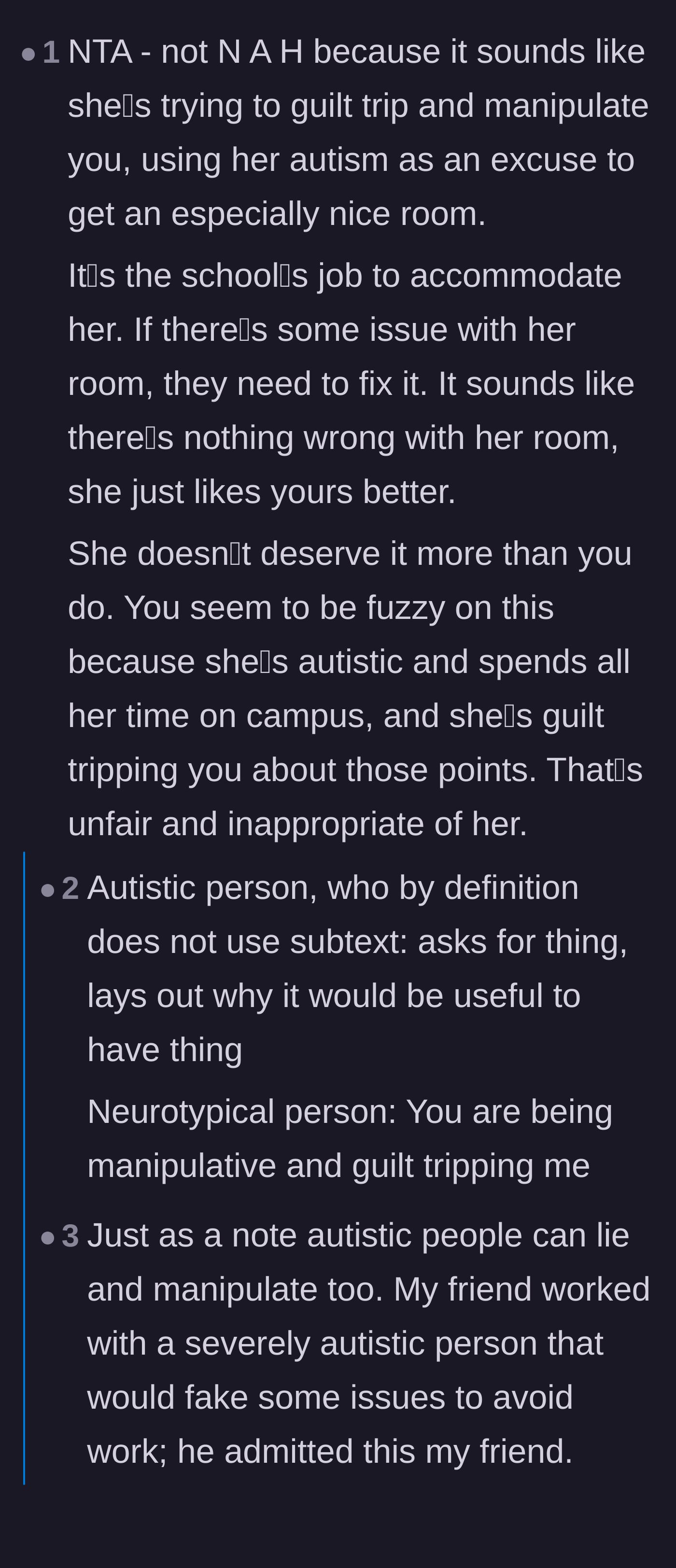Comment thread 1 - A debate about whether the request was a deliberate guilt trip or just a literal, neurodivergent way of asking for a favor.