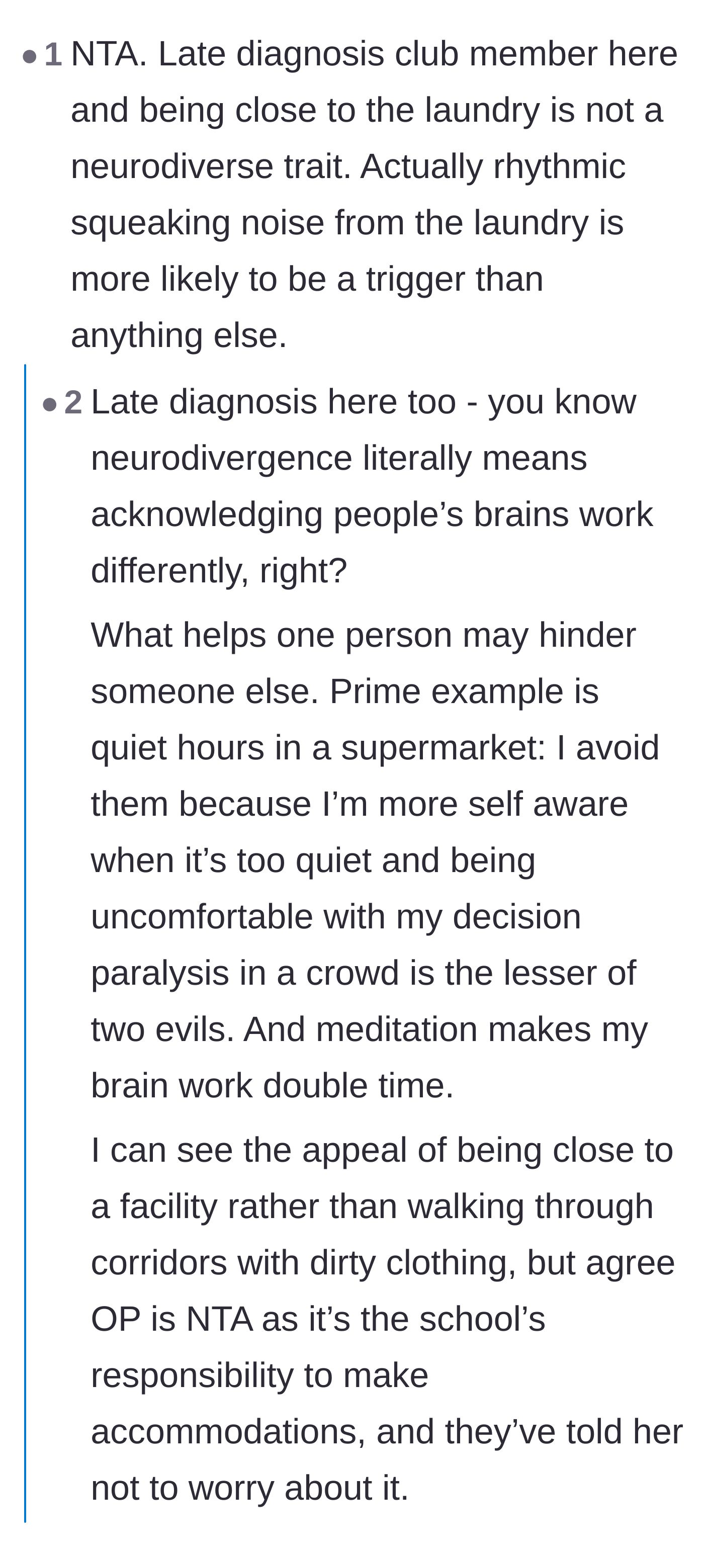 Comment thread 3 - Neurodivergent commenters discussing how rhythmic laundry noises and avoiding hallways might be valid sensory needs.