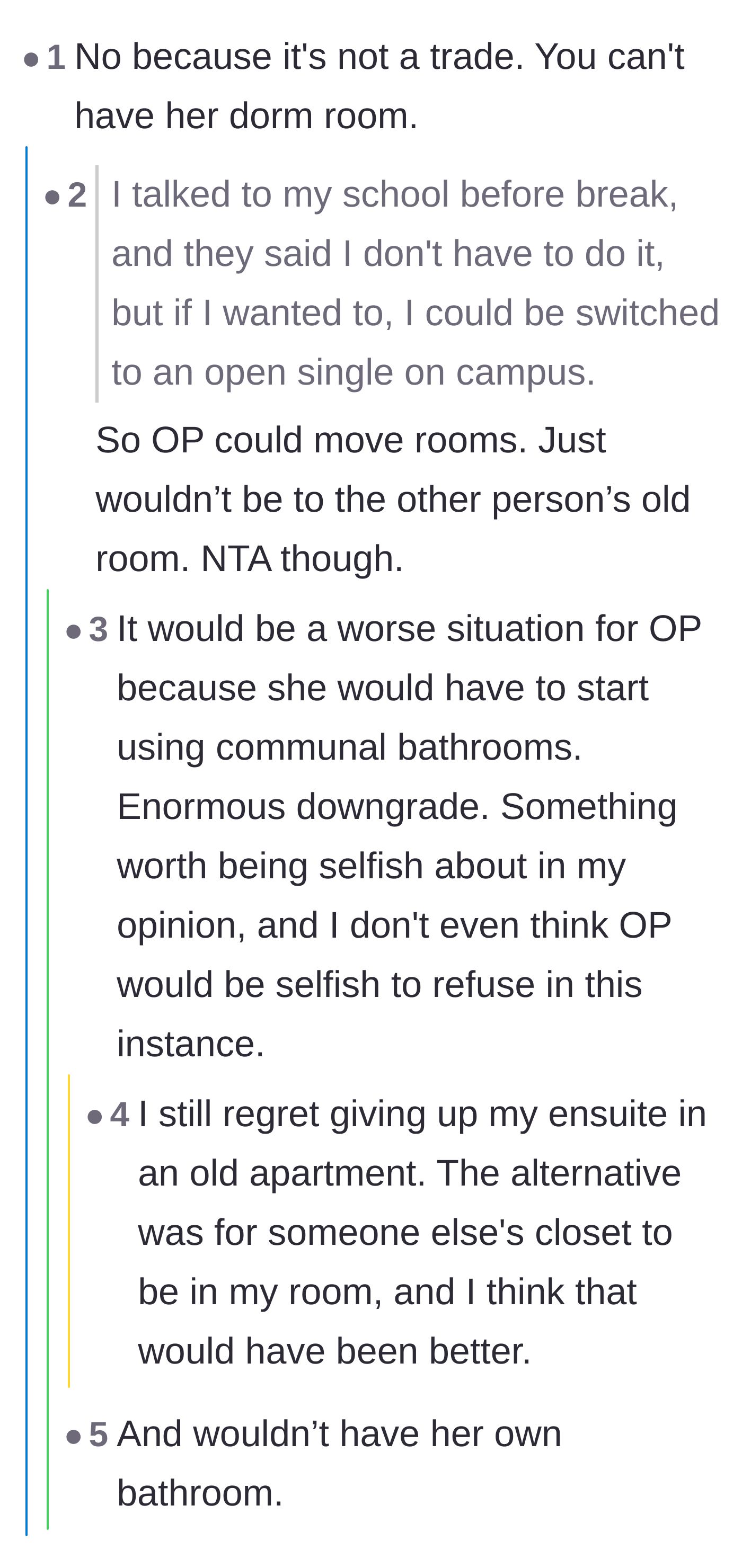Comment thread 4 - Highlighting the massive downgrade OP would take by moving to a room with a communal bathroom.
