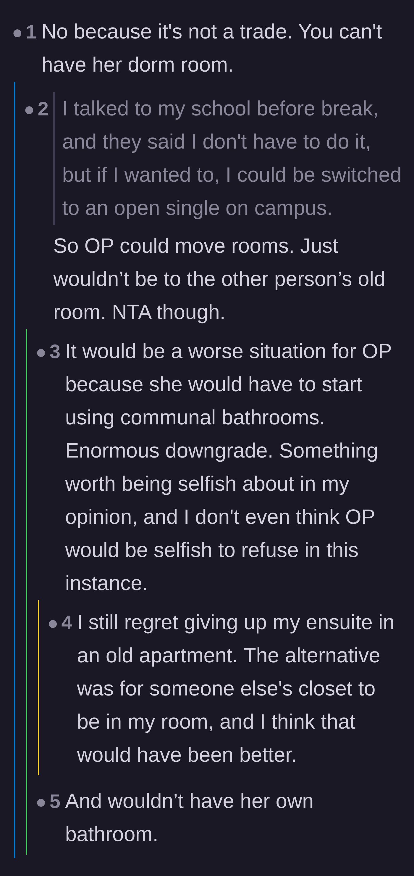 Comment thread 4 - Highlighting the massive downgrade OP would take by moving to a room with a communal bathroom.