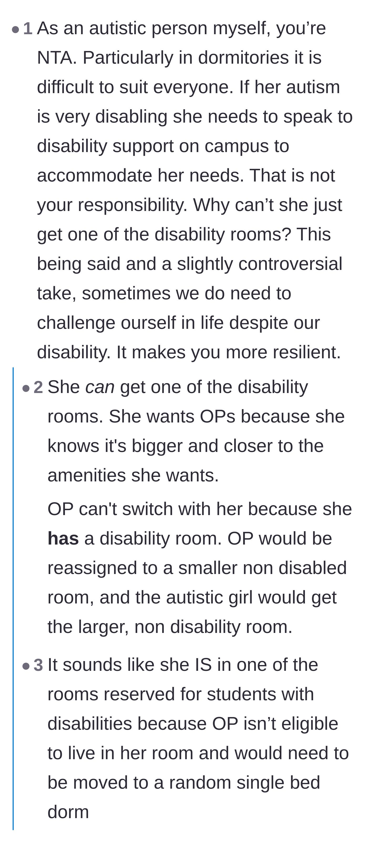 Comment thread 5 - An autistic commenter agreeing that OP shouldn't give up the room and that the university's disability support should handle it.