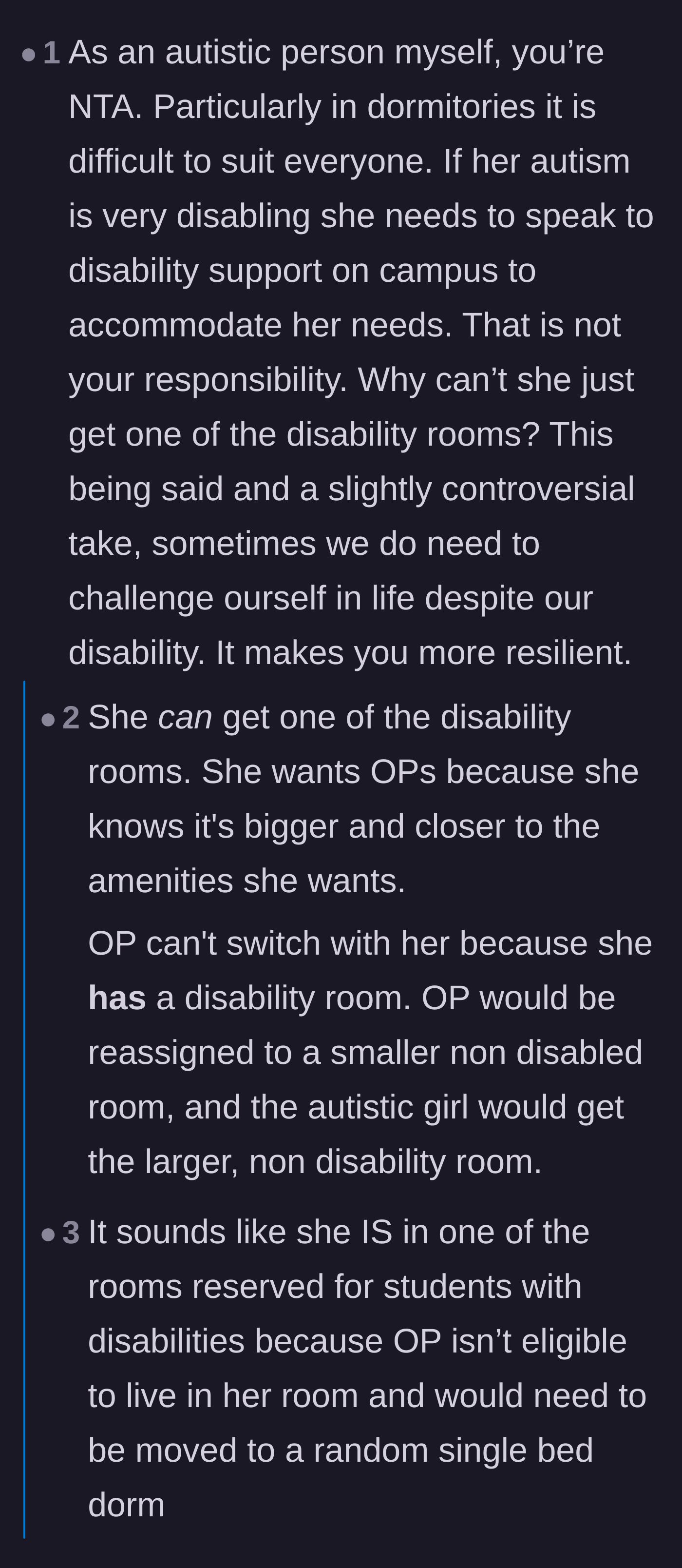 Comment thread 5 - An autistic commenter agreeing that OP shouldn't give up the room and that the university's disability support should handle it.