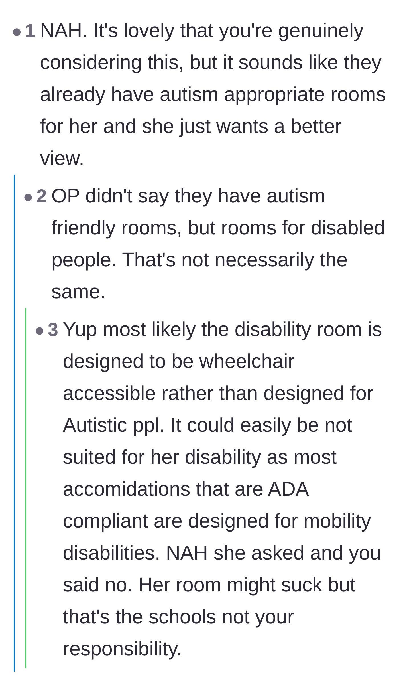 Comment thread 6 - Pointing out that the new student might already be in a disability room and simply prefers OP's amenities.