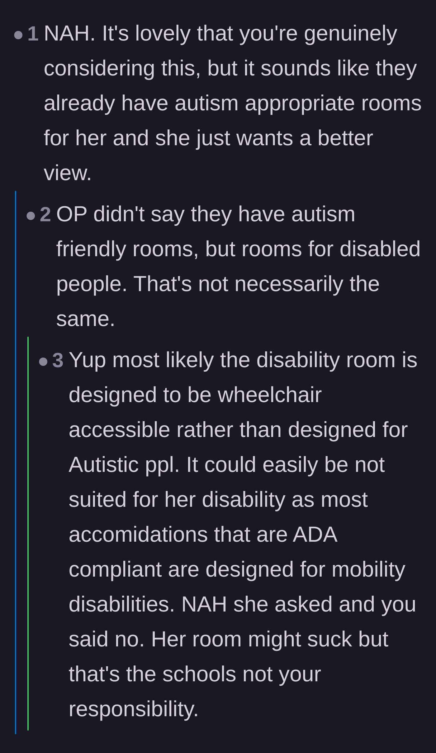 Comment thread 6 - Pointing out that the new student might already be in a disability room and simply prefers OP's amenities.