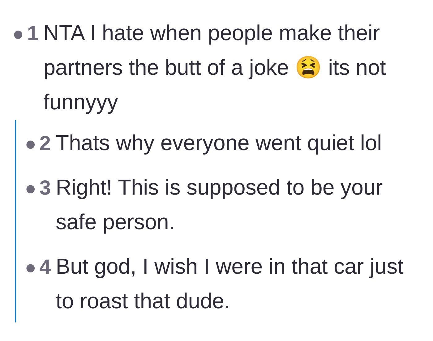Comment thread 4 - Discussion about how your partner is supposed to be your safe person, not someone who makes you a punchline.