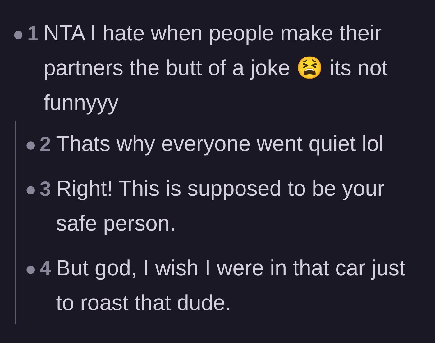 Comment thread 4 - Discussion about how your partner is supposed to be your safe person, not someone who makes you a punchline.
