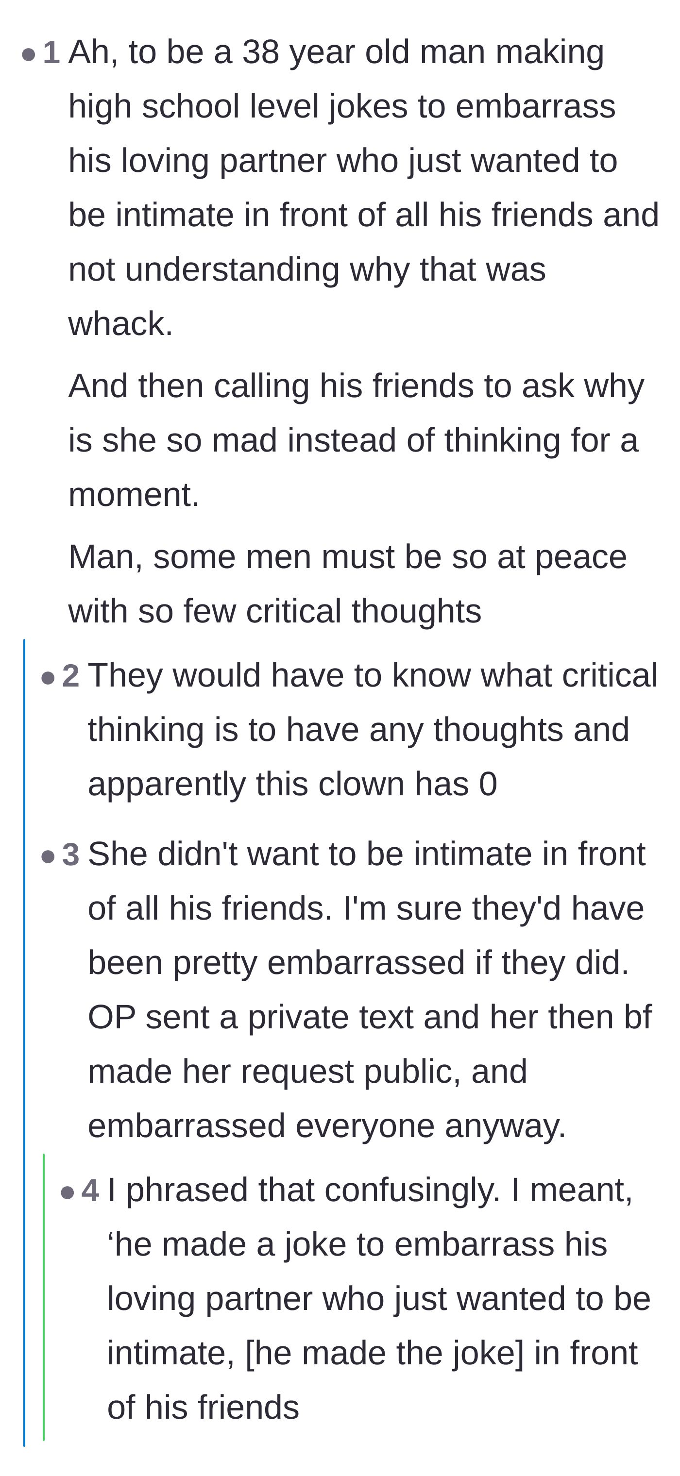 Comment thread 5 - Readers marveling at the boyfriend's complete lack of critical thinking and self-awareness.
