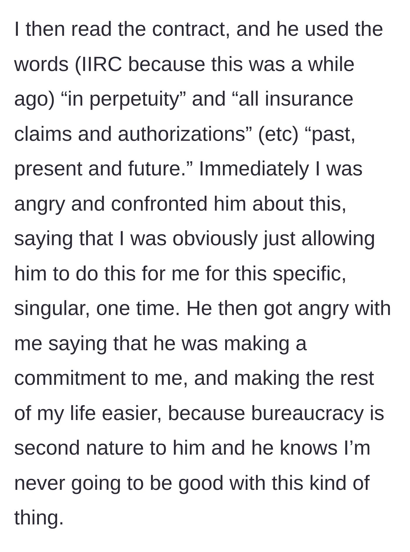 Story part 3 - The main character discovers the contract grants him lifelong power over her claims, leading to an argument where he frames the permanent legal trap as a romantic commitment.
