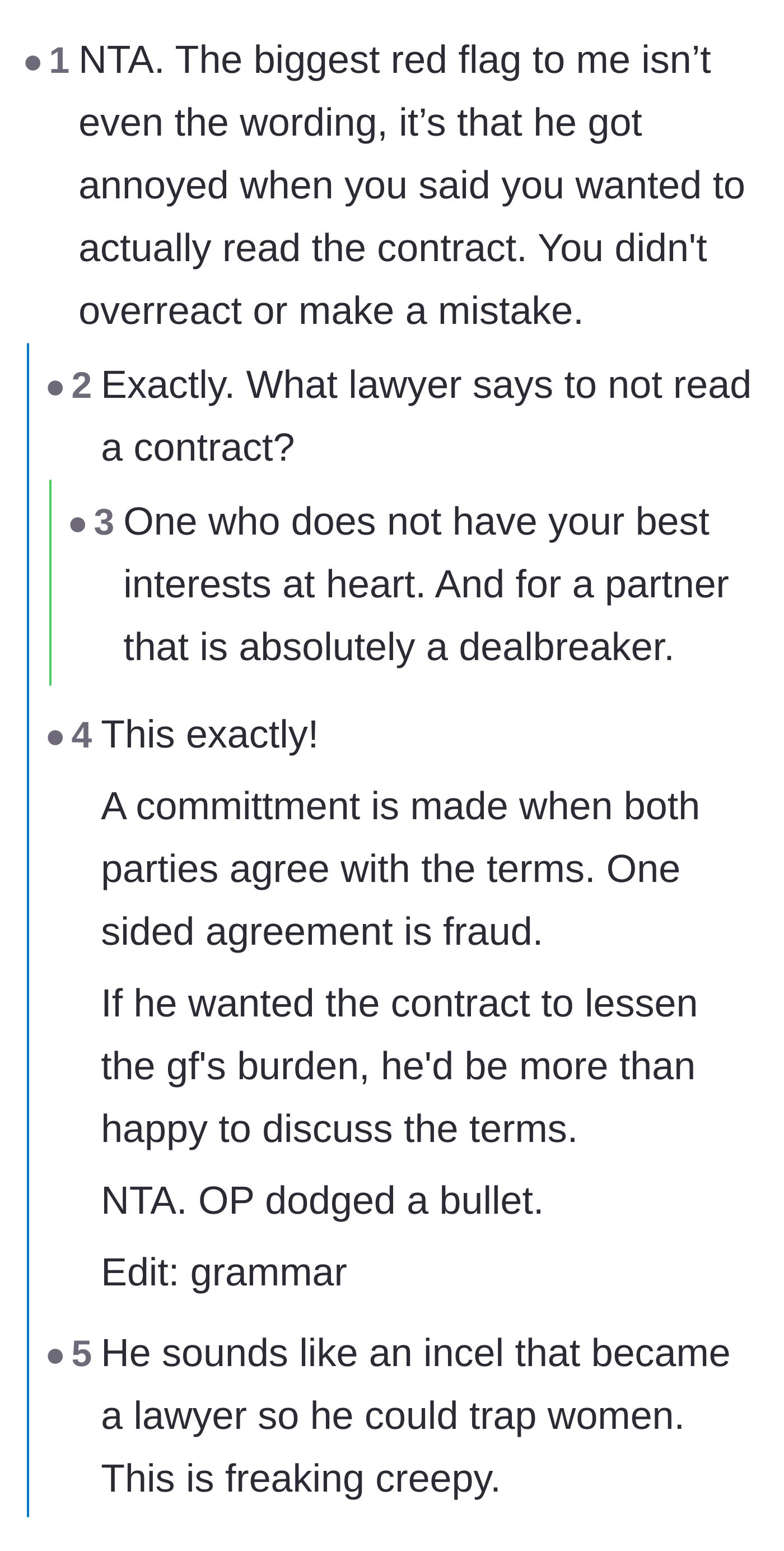 Comment thread 1 - Readers debating the massive red flag of a former law student getting annoyed when his girlfriend simply wanted to read the contract before signing.