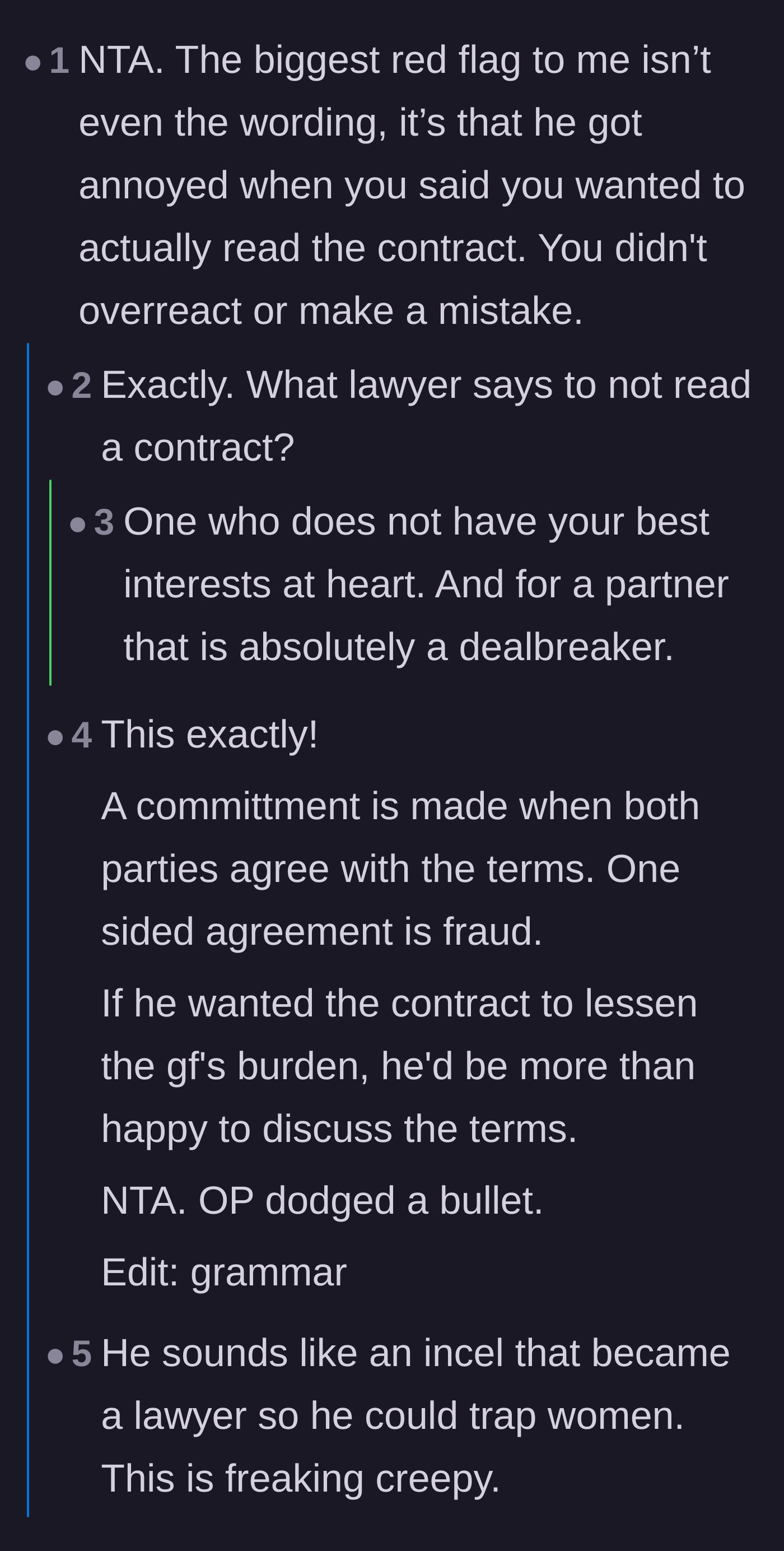 Comment thread 1 - Readers debating the massive red flag of a former law student getting annoyed when his girlfriend simply wanted to read the contract before signing.