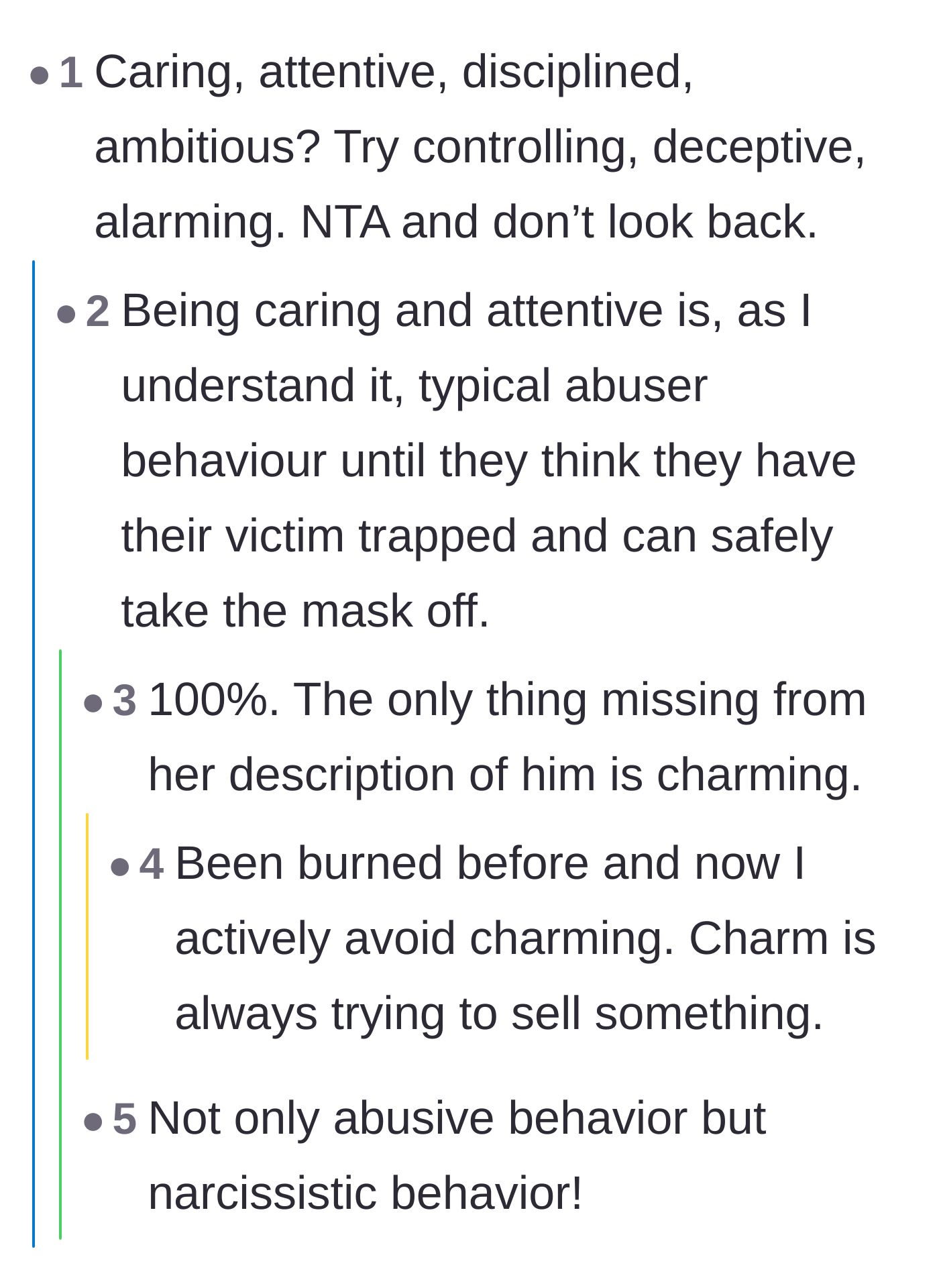 Comment thread 4 - Commenters reframing the boyfriend's supposedly positive traits, like being attentive, as classic manipulative behaviors used to trap a partner.