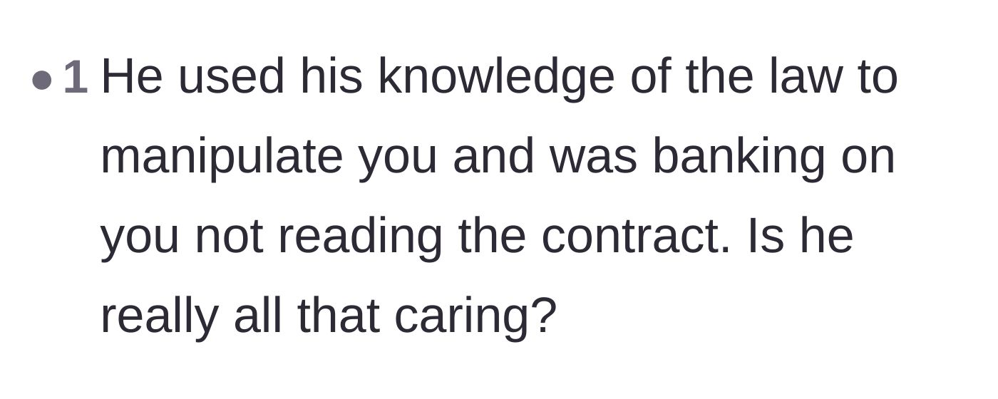 Comment thread 6 - Questioning the boyfriend's supposedly caring nature after he intentionally used his legal background to trick her.