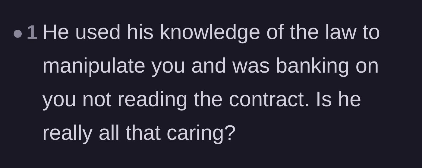 Comment thread 6 - Questioning the boyfriend's supposedly caring nature after he intentionally used his legal background to trick her.