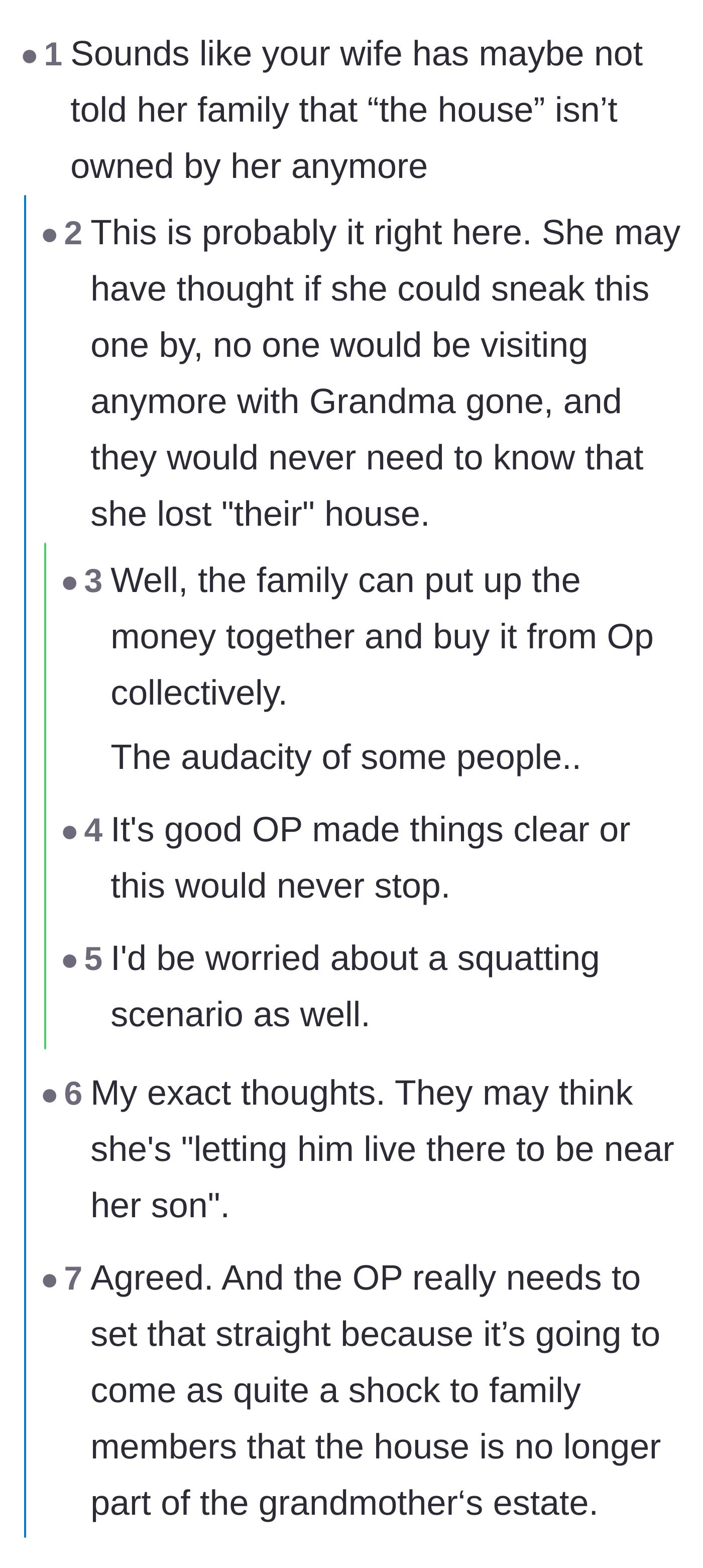 Comment thread 1 - A discussion speculating that the ex-wife lied to her family about losing ownership of the house in the divorce.