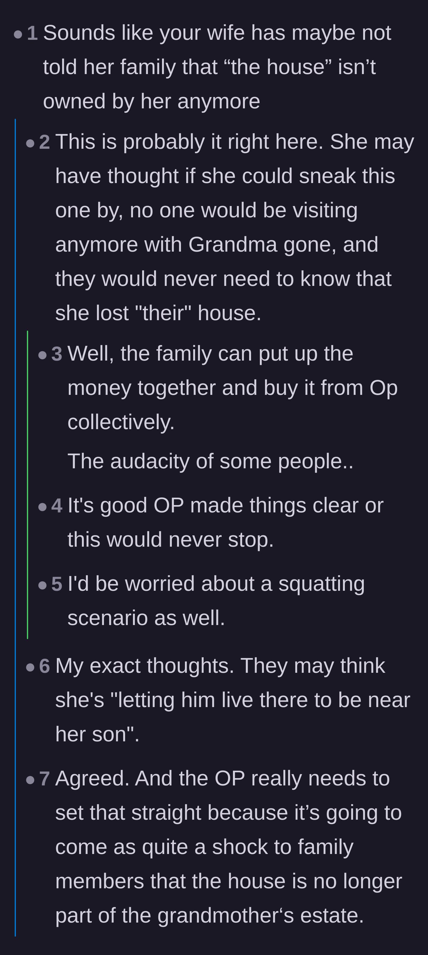 Comment thread 1 - A discussion speculating that the ex-wife lied to her family about losing ownership of the house in the divorce.