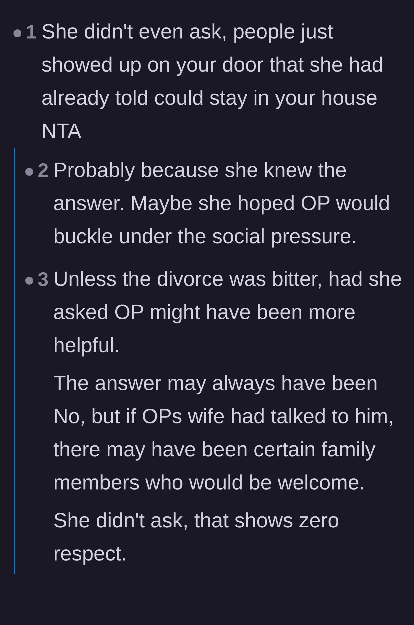 Comment thread 3 - A breakdown of the ex-wife using the ambush tactic because her chronic overstepping was the original cause of the divorce.