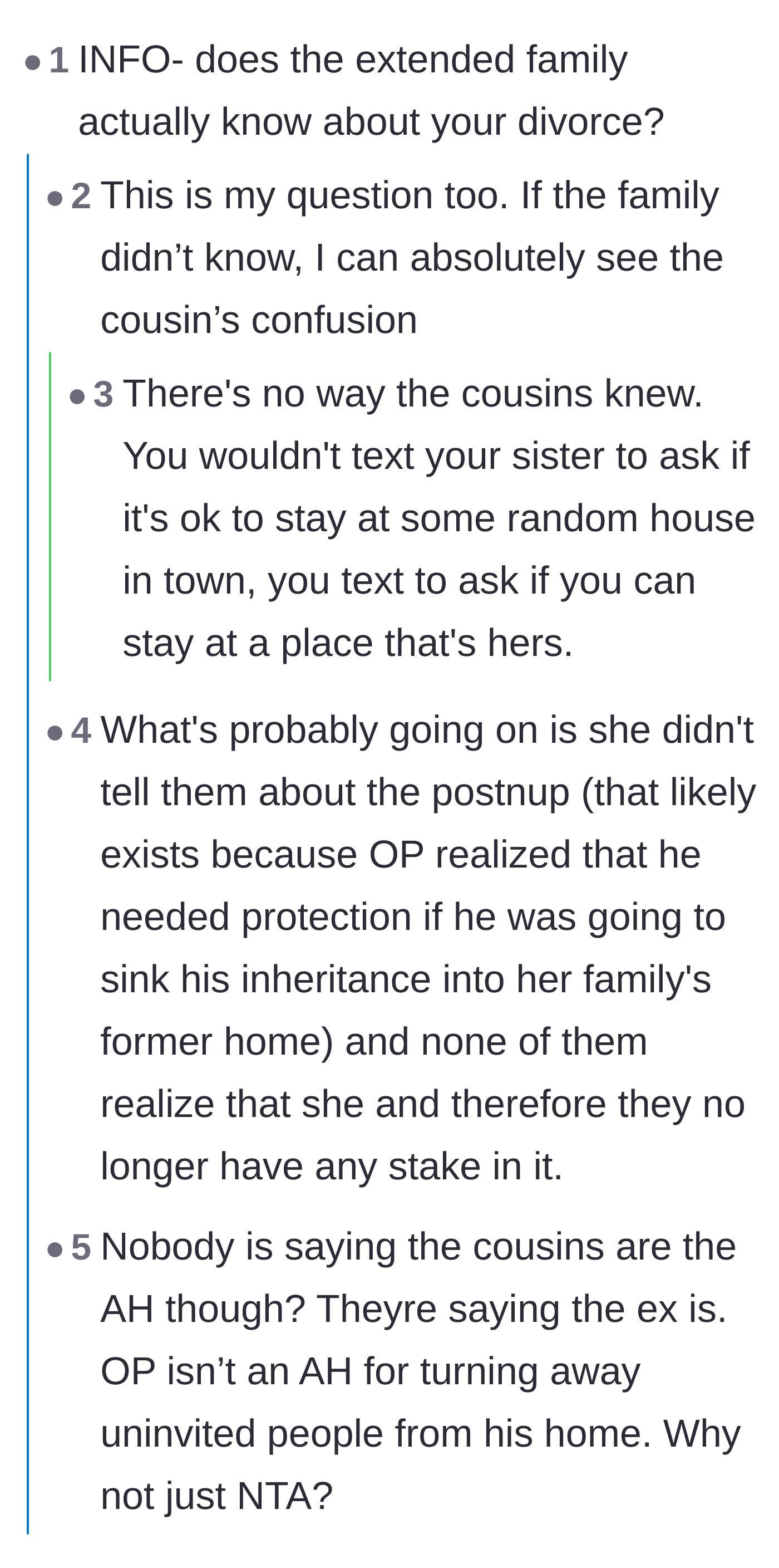 Comment thread 5 - A conversation analyzing whether the uninvited cousins were clueless pawns in the ex-wife's deception.