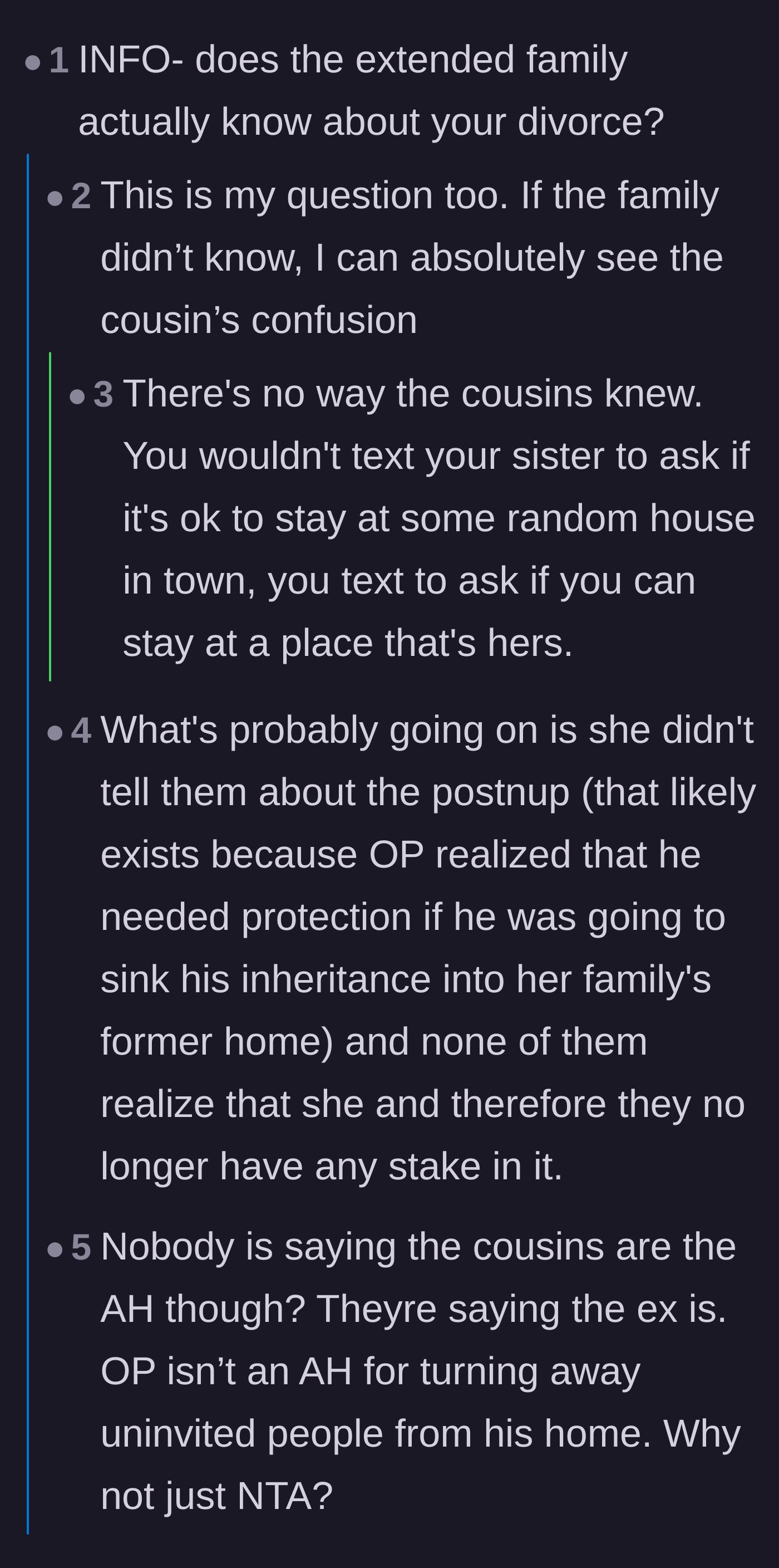 Comment thread 5 - A conversation analyzing whether the uninvited cousins were clueless pawns in the ex-wife's deception.