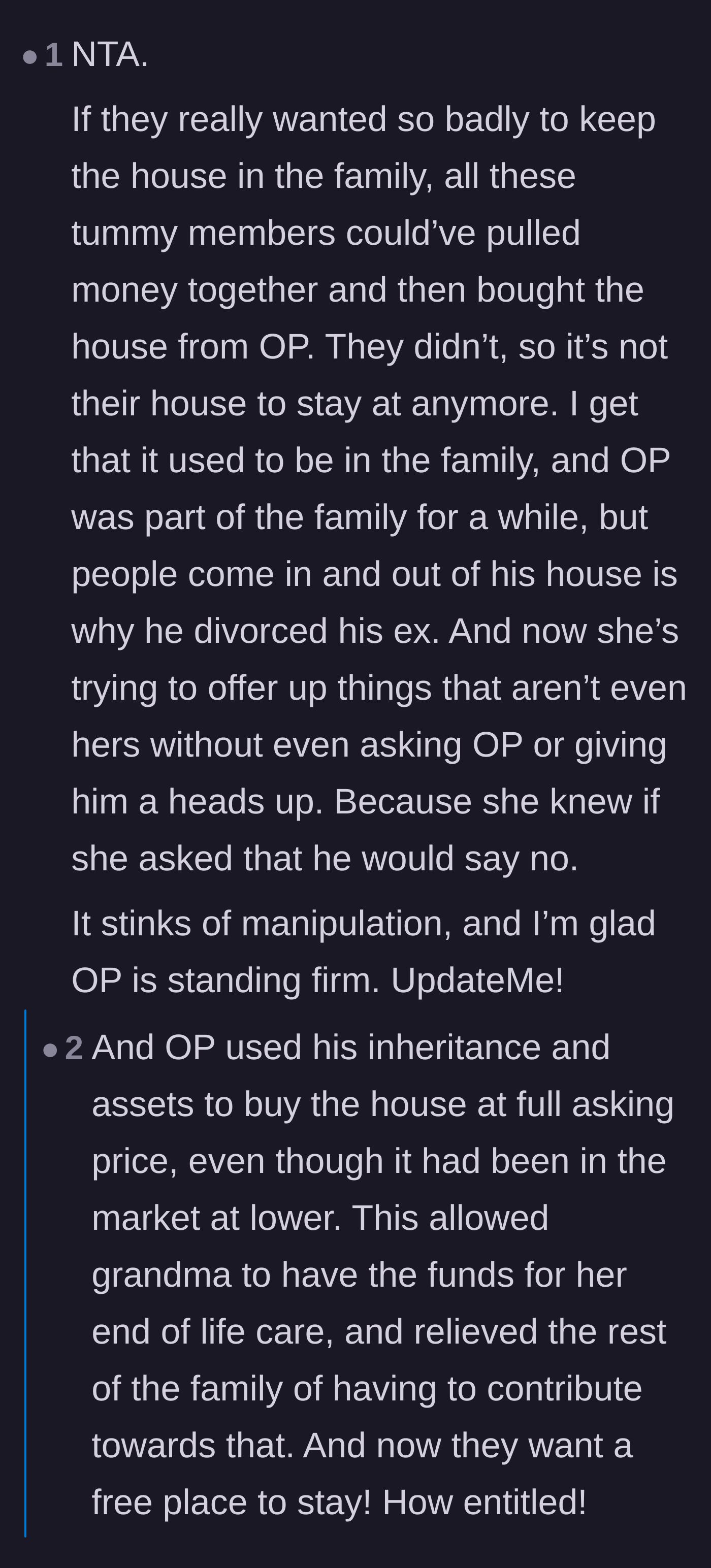 Comment thread 6 - A summary of how the homeowner's purchase funded the grandmother's medical care while the family contributed nothing.