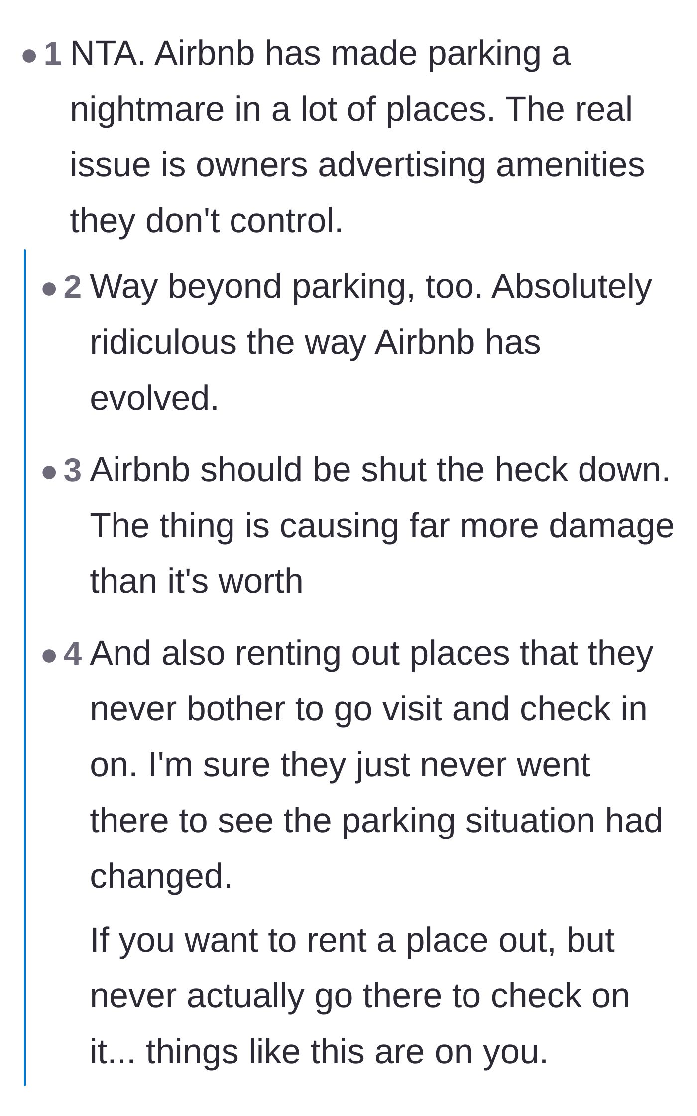 Comment thread 1 - Readers criticizing Airbnb hosts for advertising amenities they don't actually control.
