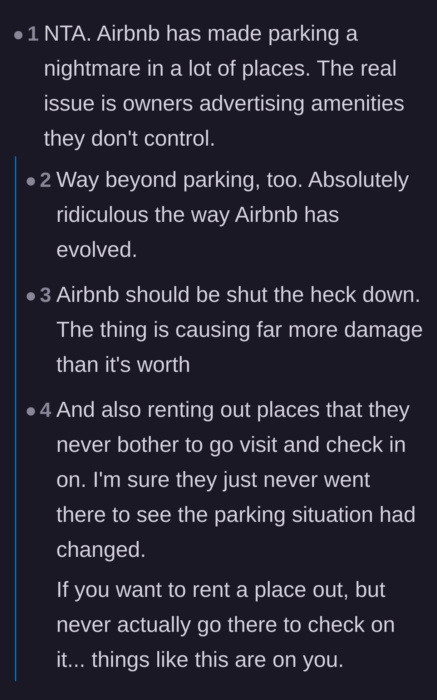 Comment thread 1 - Readers criticizing Airbnb hosts for advertising amenities they don't actually control.