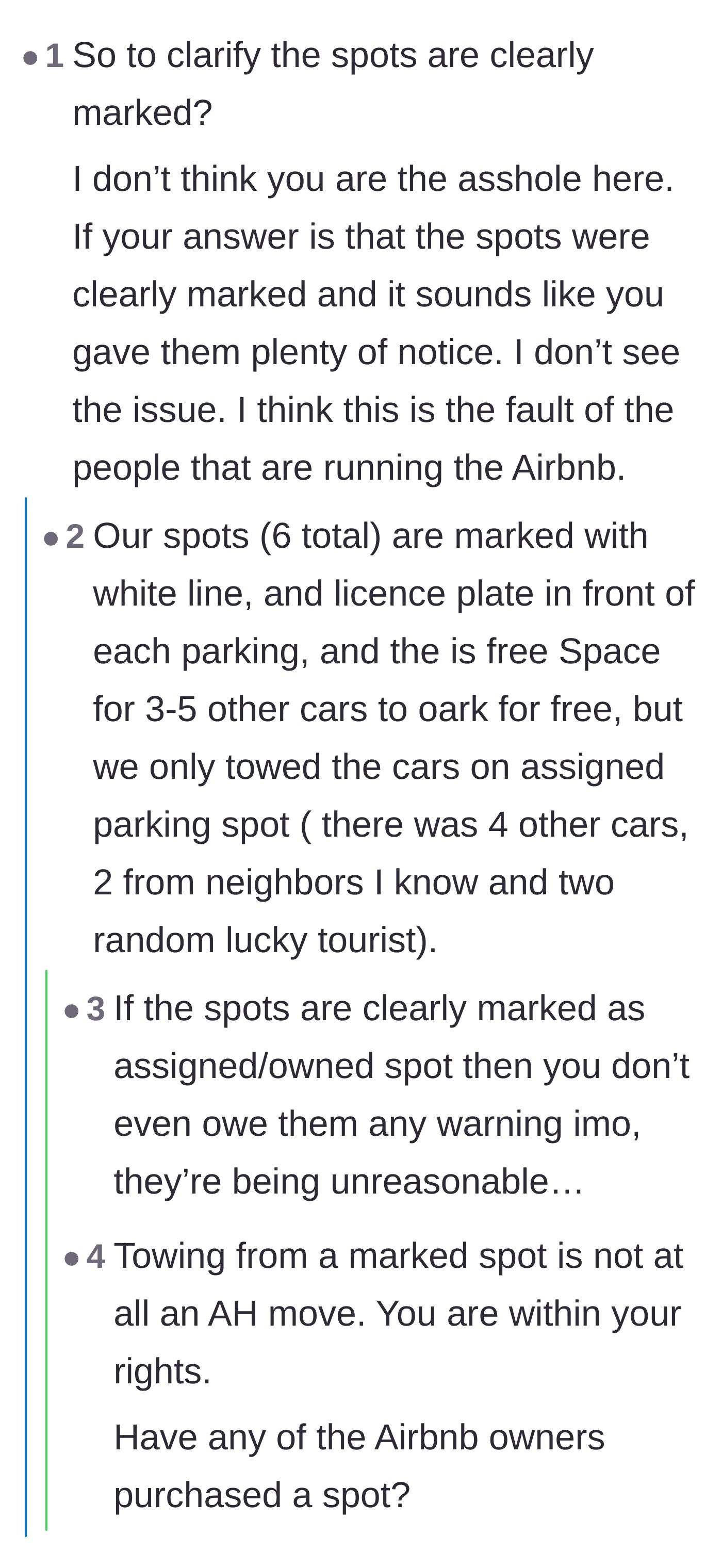Comment thread 3 - Discussion confirming the spots were clearly marked with license plates, justifying the immediate towing.