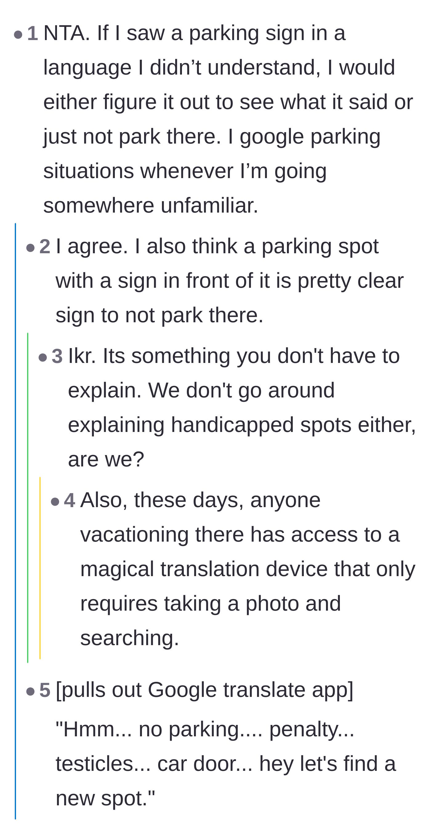 Comment thread 4 - Debating the excuse of not understanding French parking signs when smartphone translation apps exist.