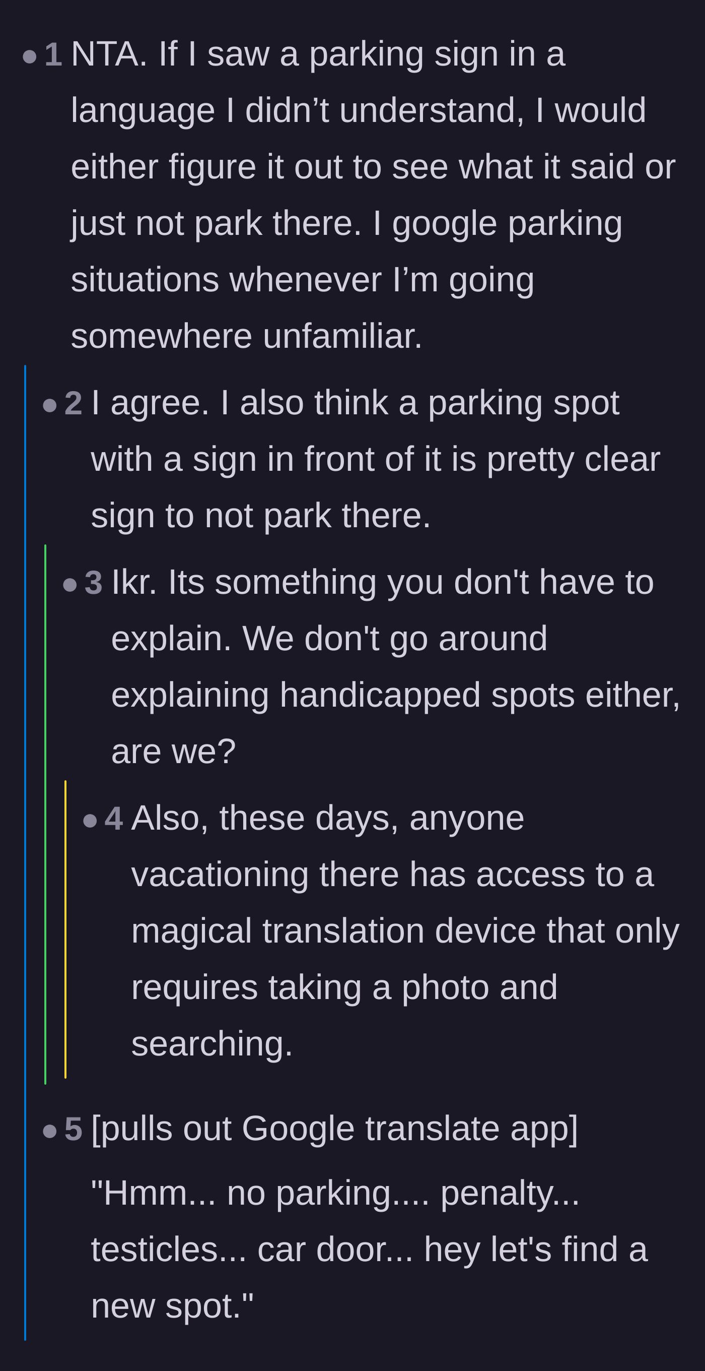 Comment thread 4 - Debating the excuse of not understanding French parking signs when smartphone translation apps exist.