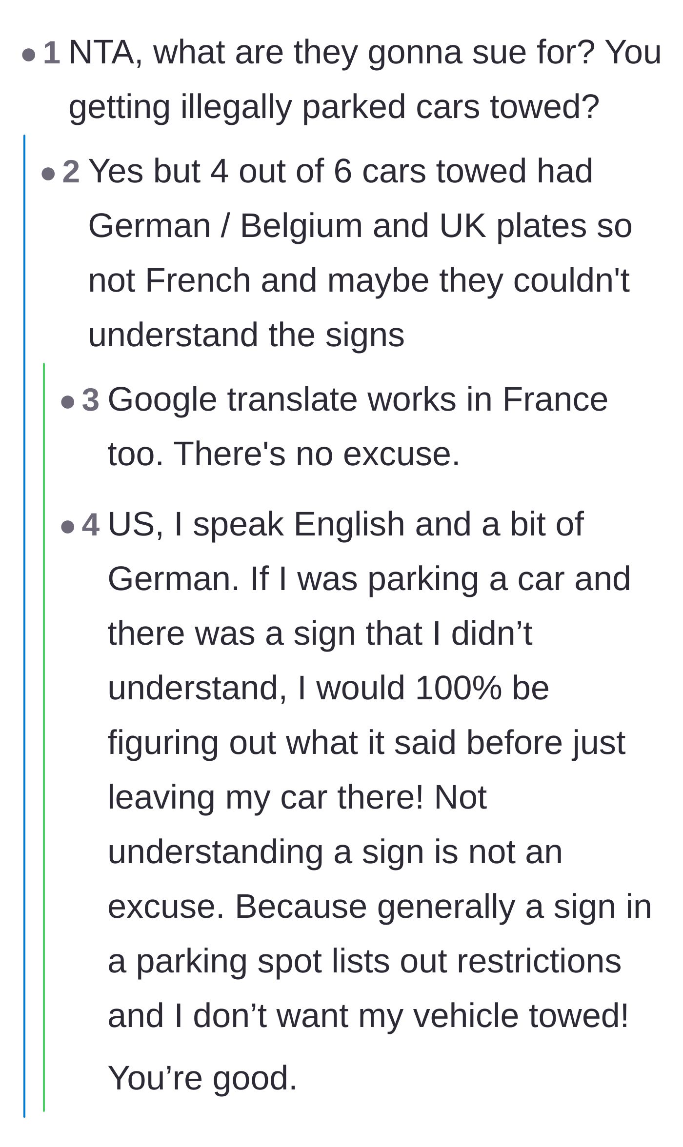 Comment thread 6 - Discussing whether drivers of luxury cars from other countries get a pass on reading signs.