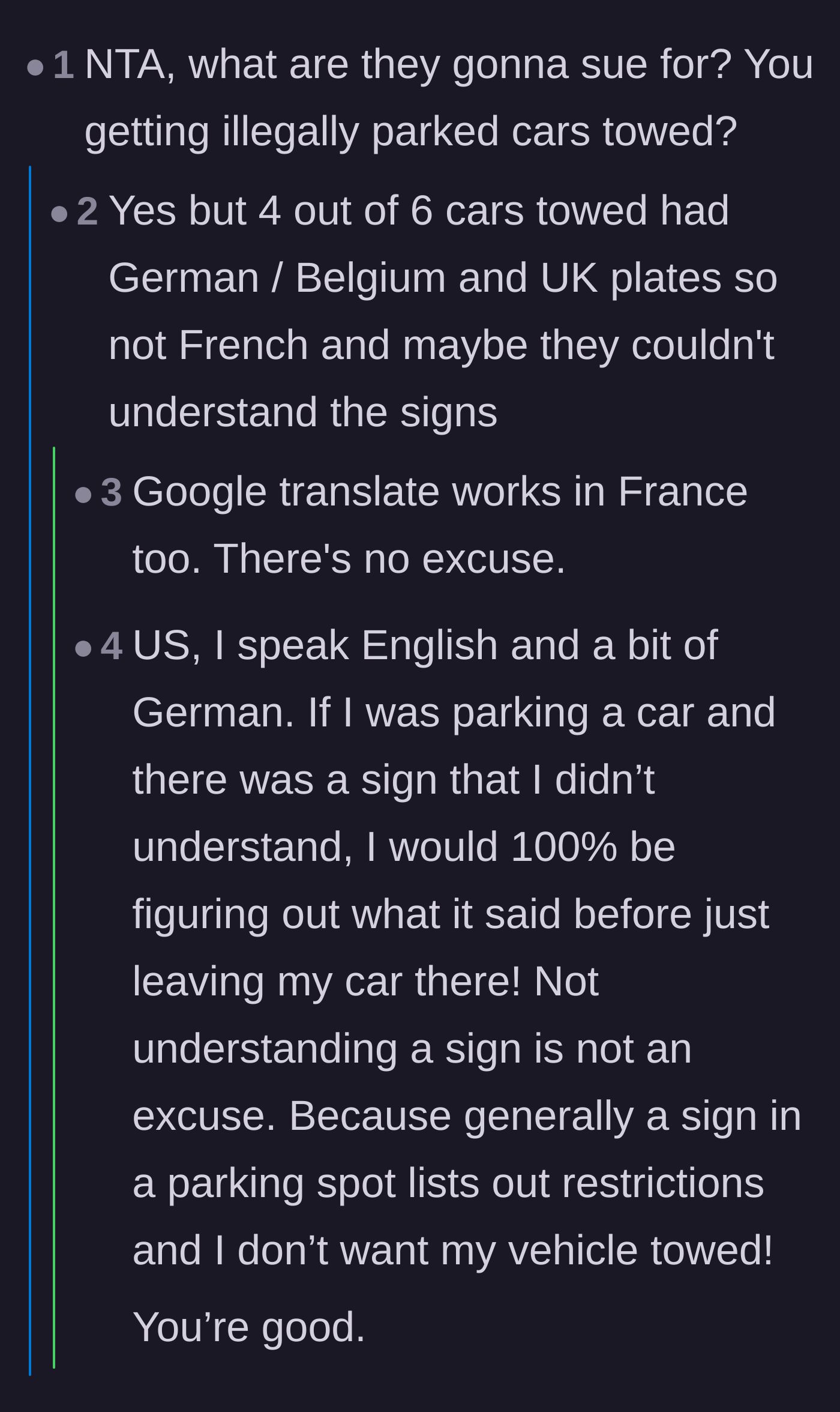 Comment thread 6 - Discussing whether drivers of luxury cars from other countries get a pass on reading signs.