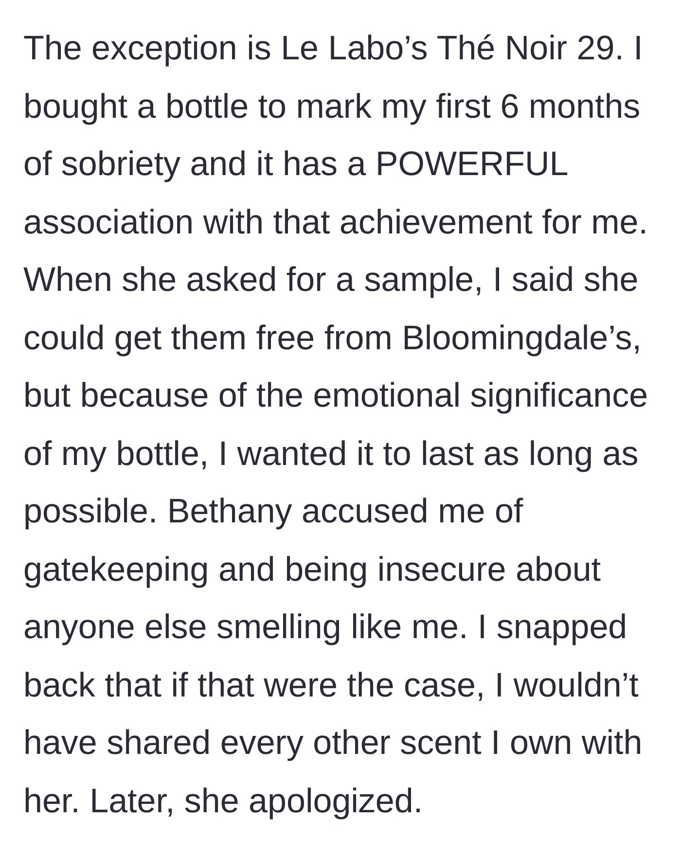 Story part 2 - The friend demanding a sample of a highly sentimental milestone perfume and calling the owner insecure for saying no.