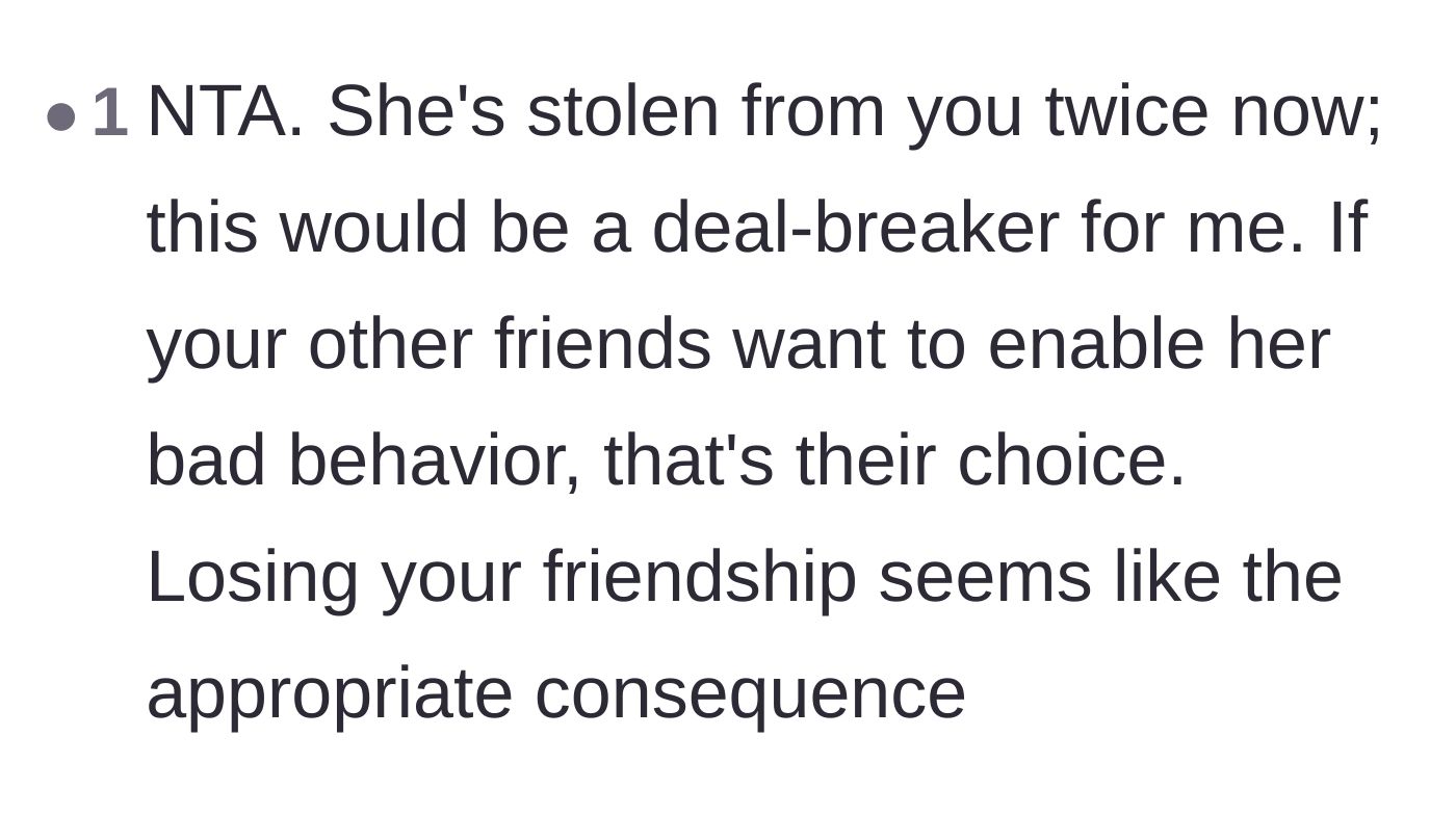 Comment thread 2 - A user stating that stealing twice is a clear deal-breaker for friendship.
