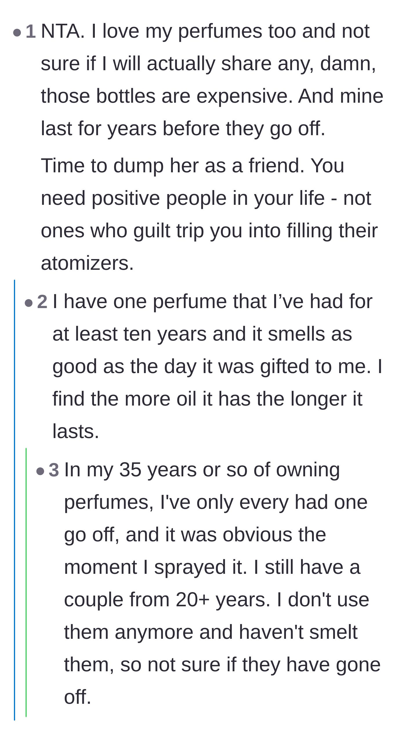 Comment thread 5 - Fellow perfume lovers validating the expense and urging the main character to drop the guilt-tripper.