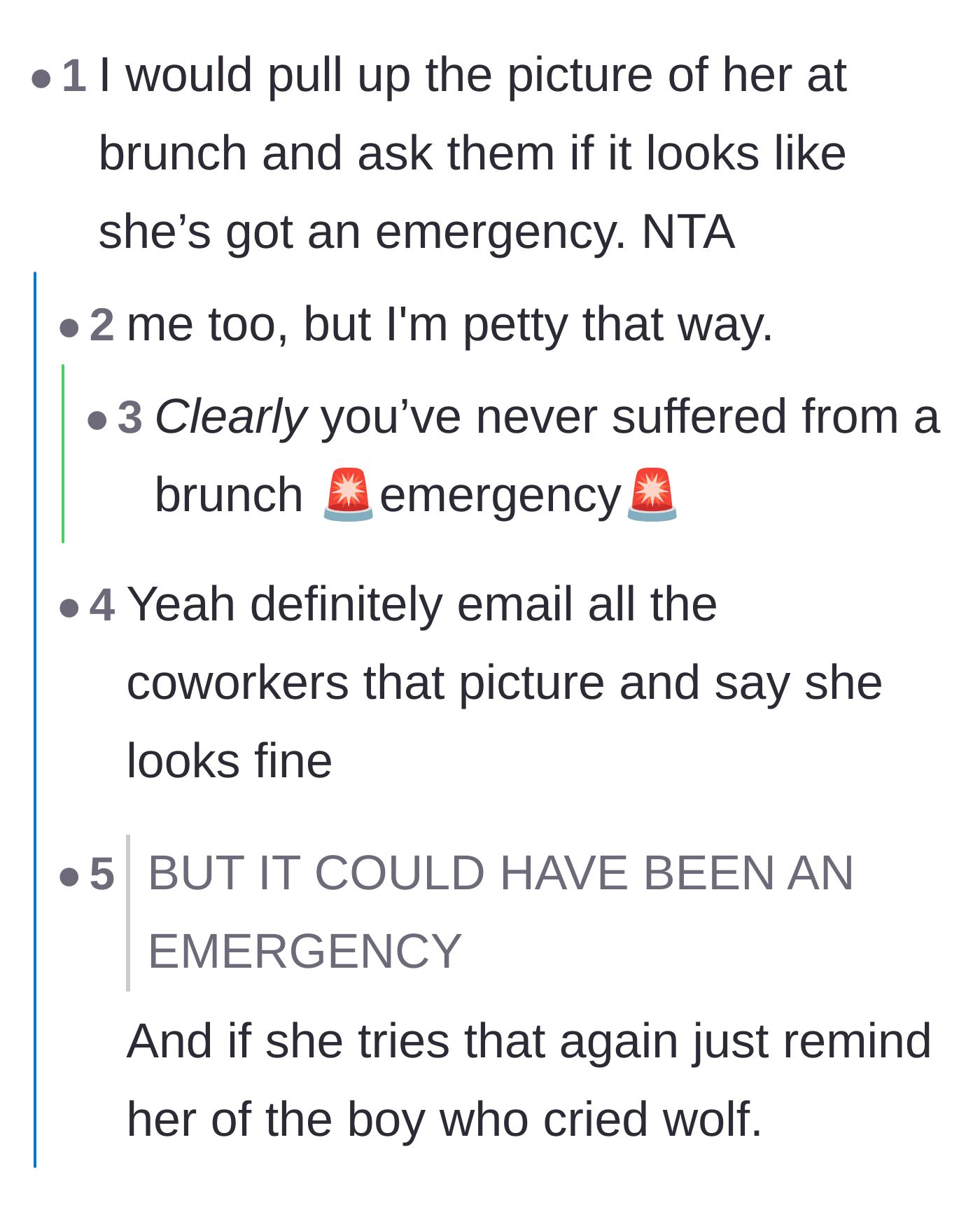 Comment thread 1 - Readers suggesting the main character show the brunch photo to the complaining coworkers.