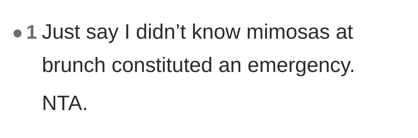 Comment thread 3 - A sarcastic remark about bottomless mimosas being classified as a medical crisis.