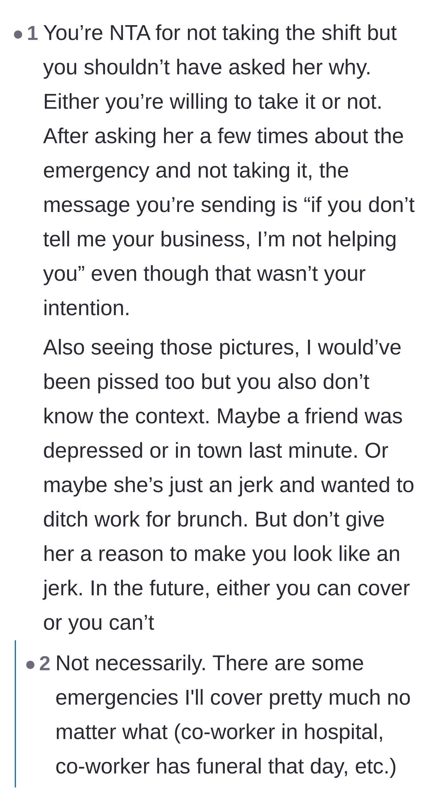 Comment thread 5 - A debate over whether asking for details makes it seem like shift coverage is conditional on gossip.
