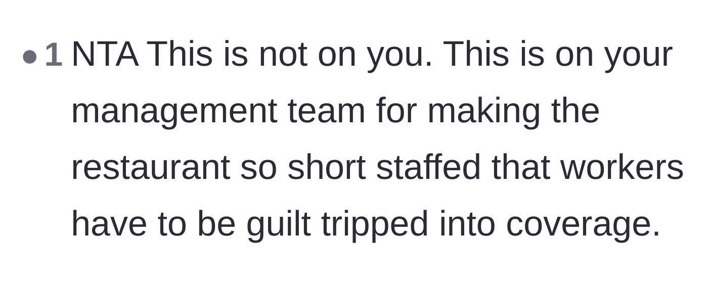 Comment thread 6 - Shifting the blame to the restaurant's management for creating a toxic, understaffed environment.