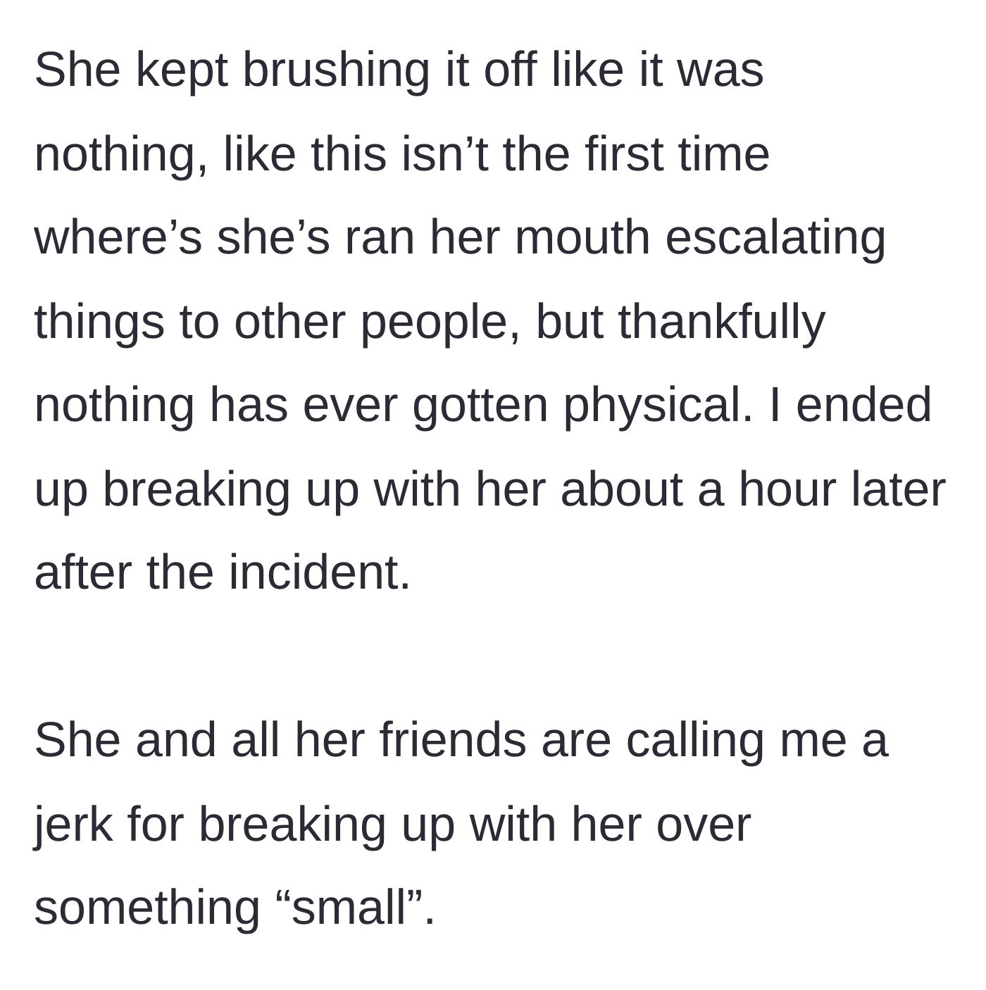 Story part 4 - The girlfriend brushing off her reckless behavior, leading the boyfriend to end the relationship while her friends blindly defend her.
