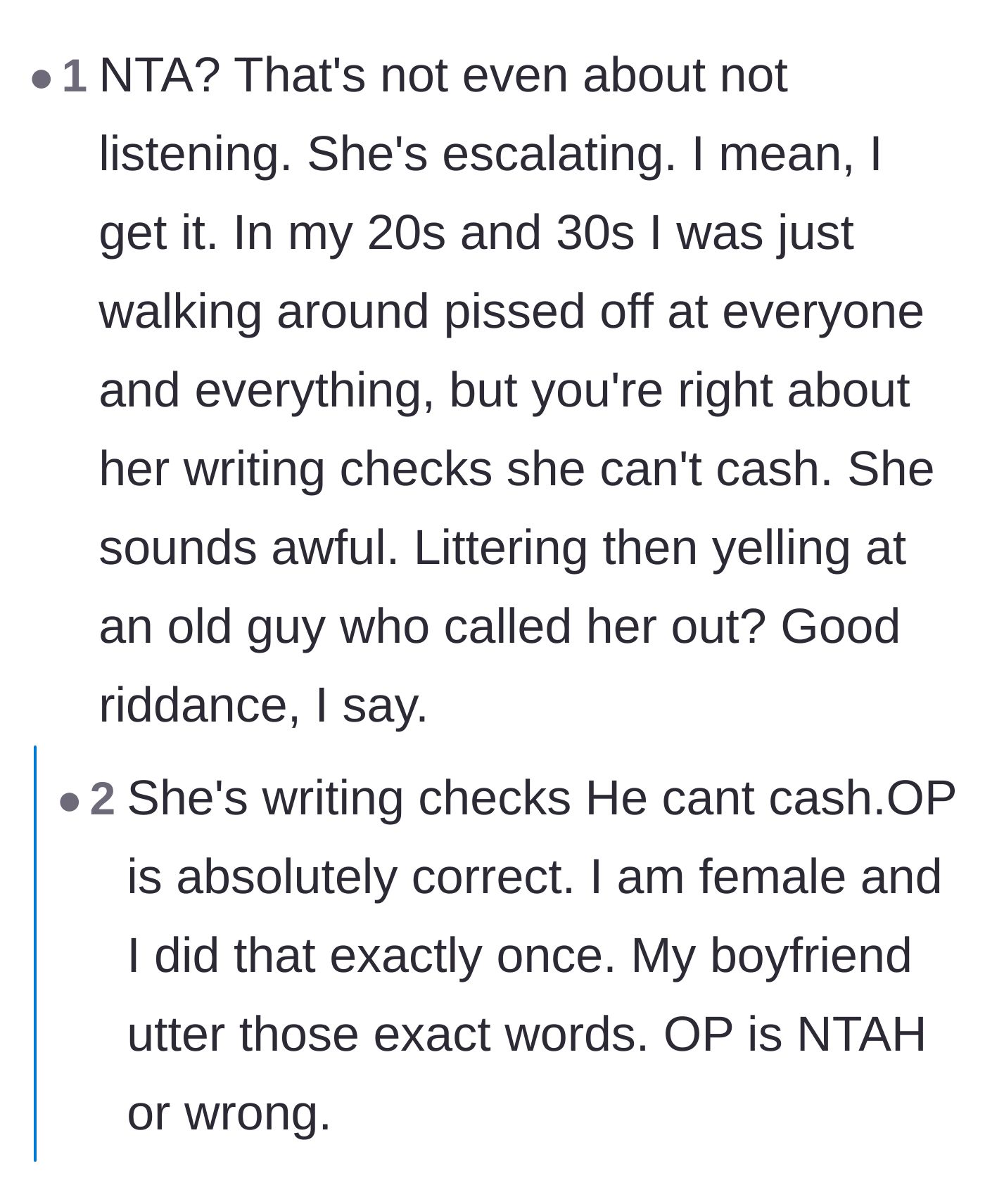 Comment thread 3 - Readers agreeing with the boyfriend that her escalation selfishly puts his physical safety on the line.