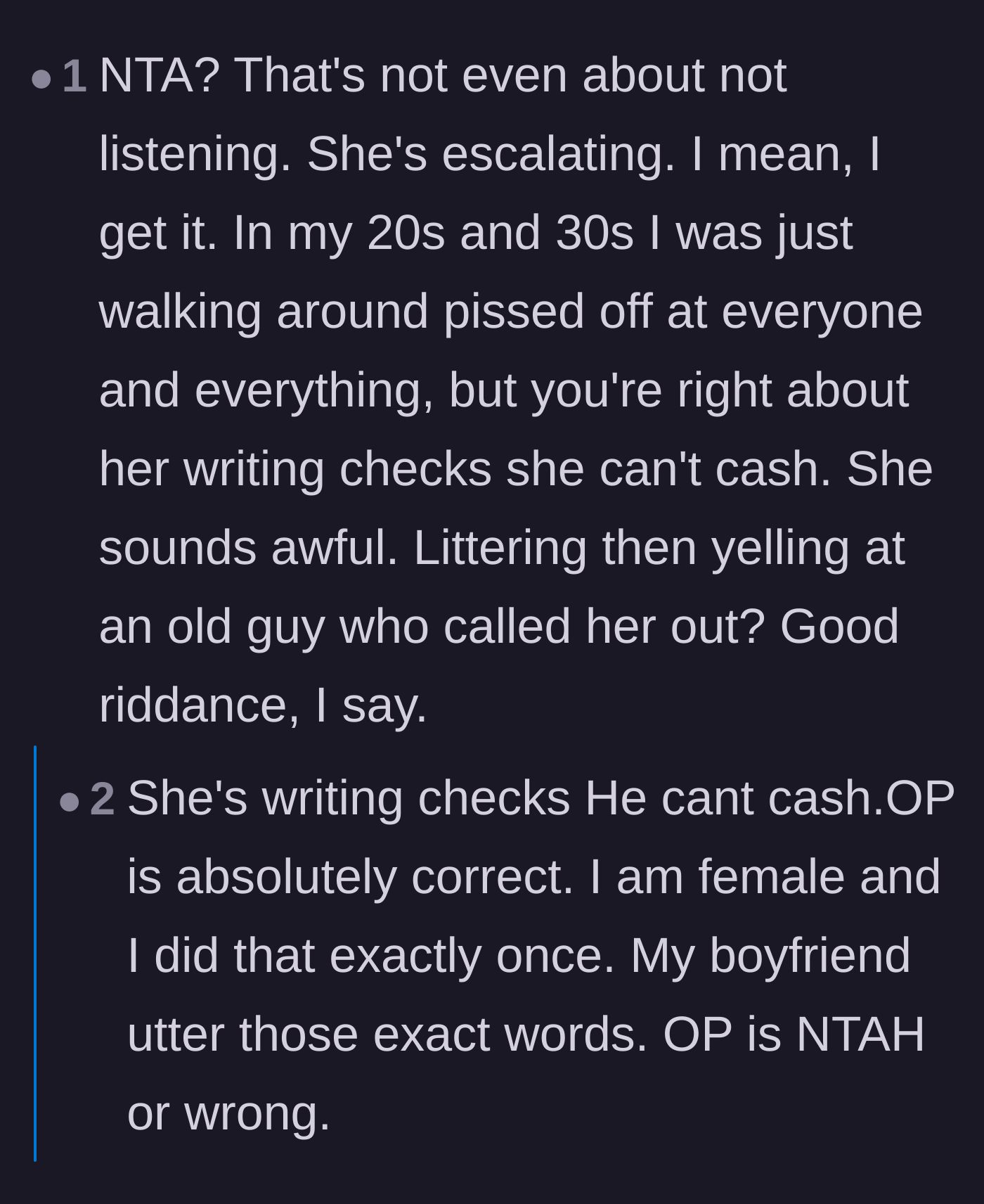 Comment thread 3 - Readers agreeing with the boyfriend that her escalation selfishly puts his physical safety on the line.