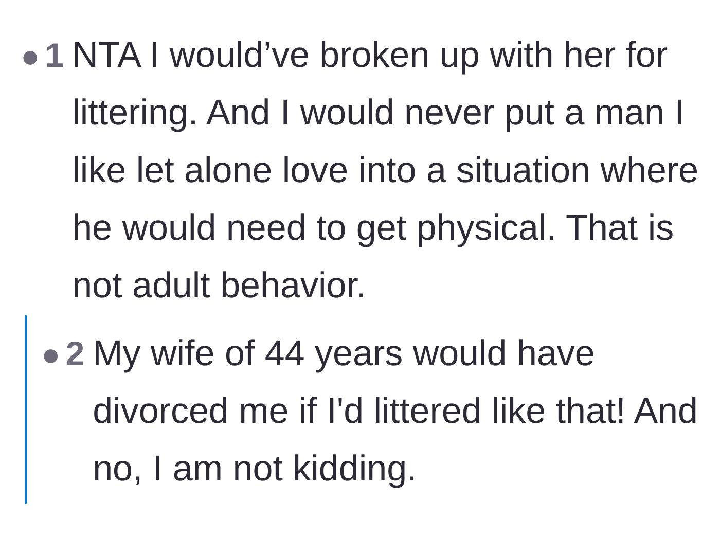 Comment thread 4 - People stating that littering alone is breakup-worthy and condemning her for endangering her partner.