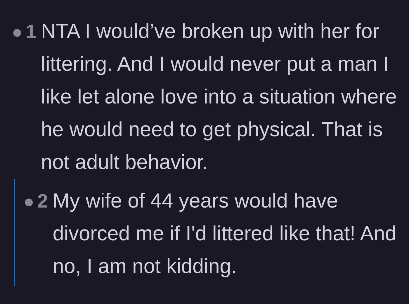 Comment thread 4 - People stating that littering alone is breakup-worthy and condemning her for endangering her partner.