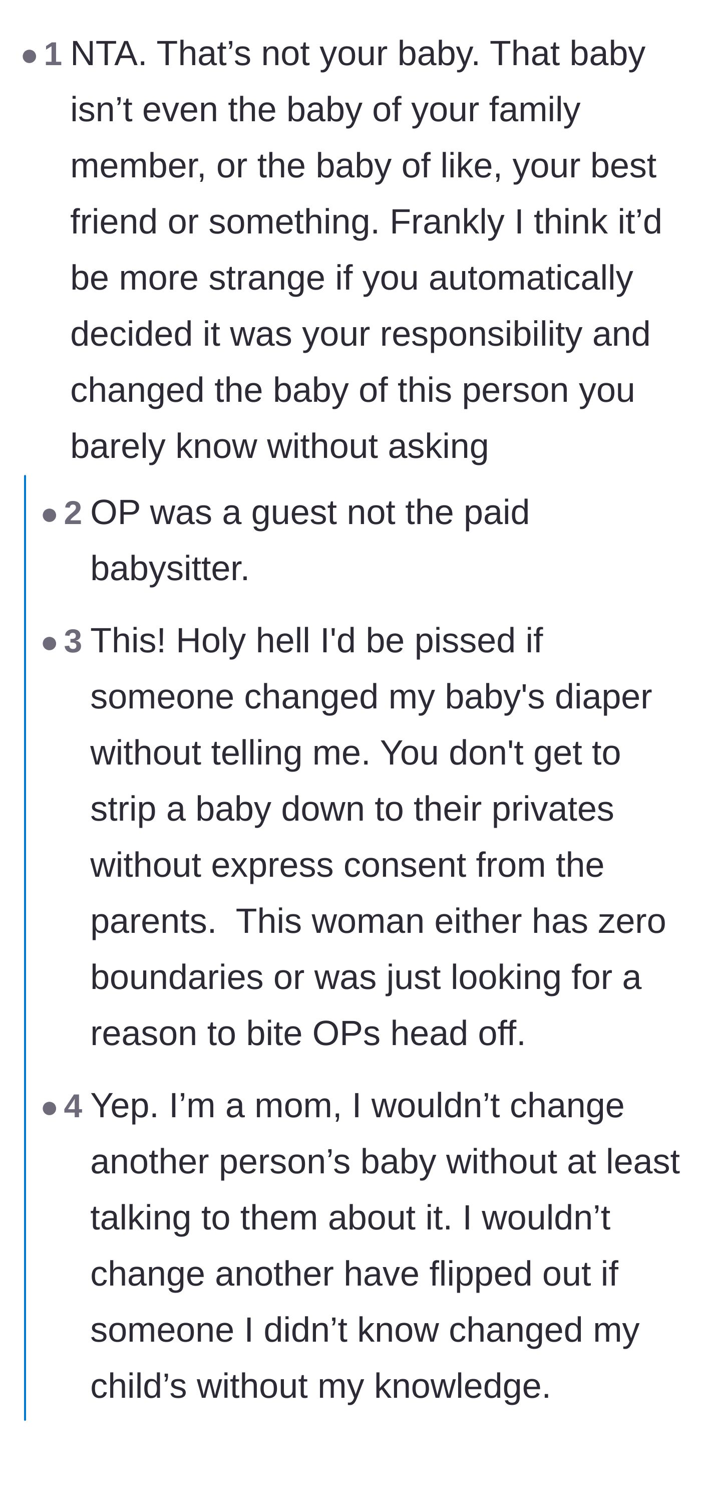 Comment thread 1 - Readers debating why changing a stranger's baby without permission is crossing a major line.